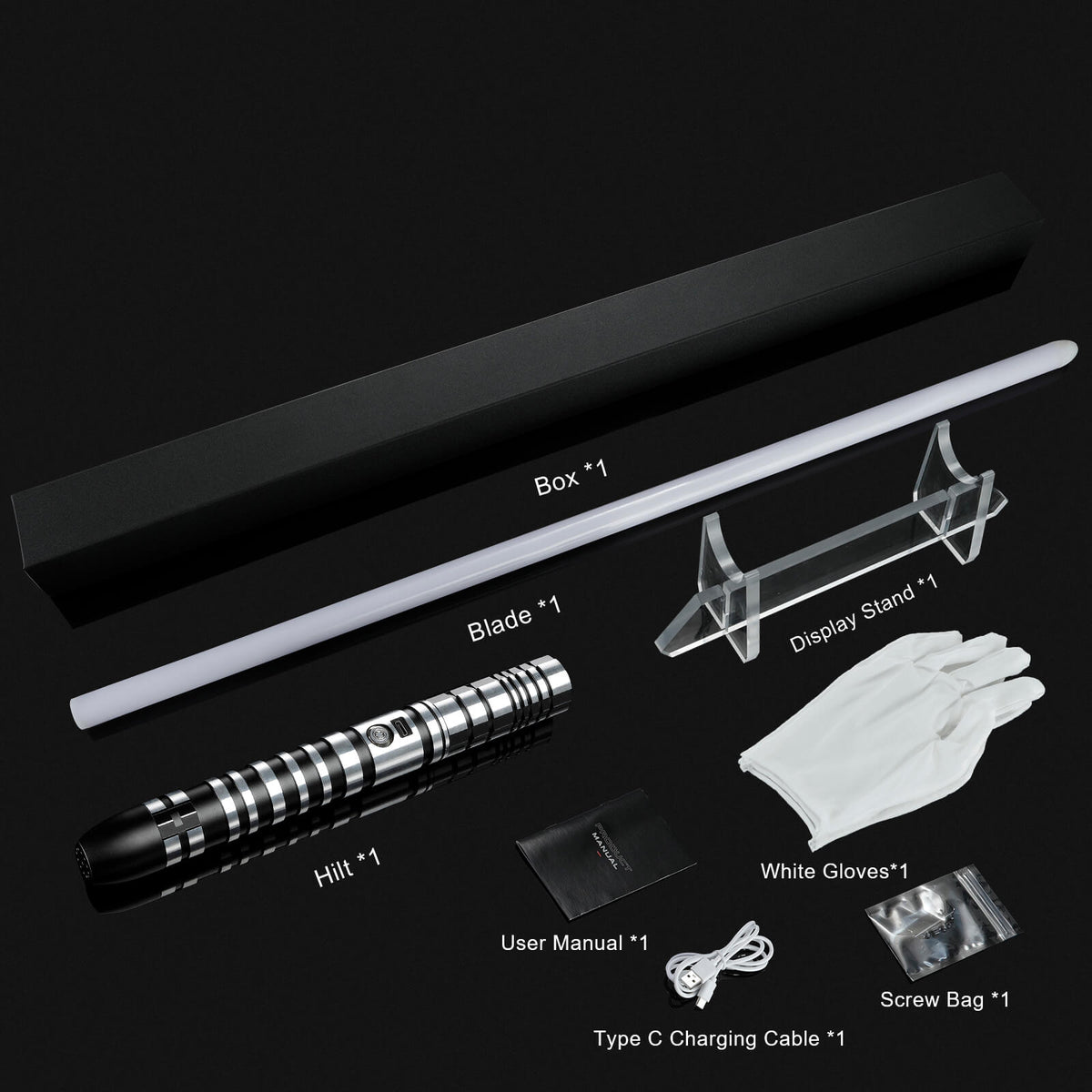 Lightsaber gift set package with acrylic stand, gloves and charging cable