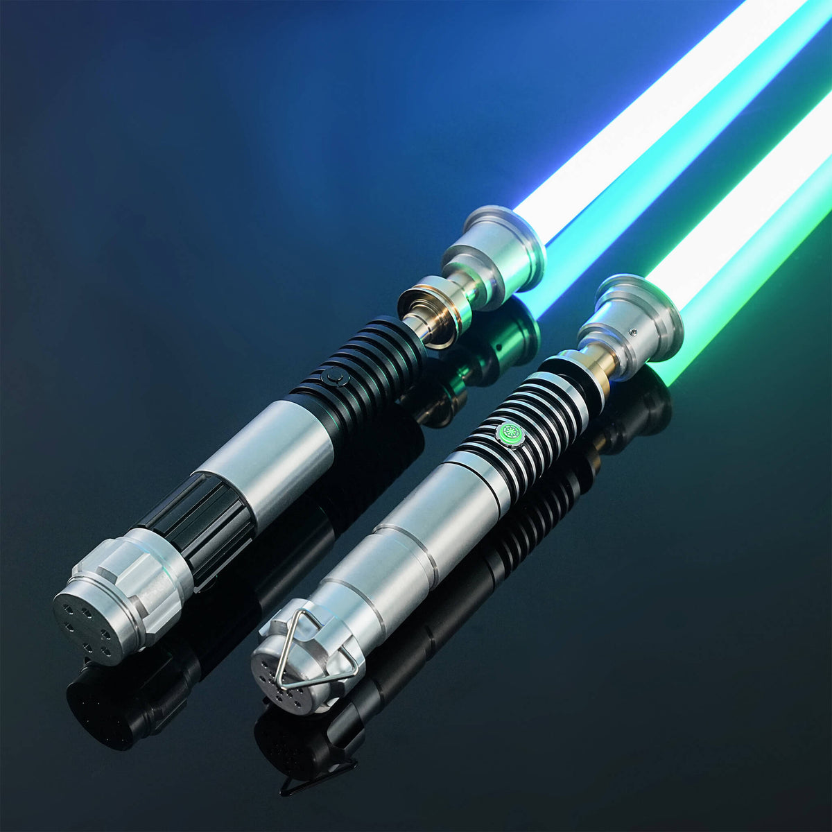 Obi-Wan Kenobi and Luke Skywalker lightsaber bundle set illuminated with glowing blue and green blades