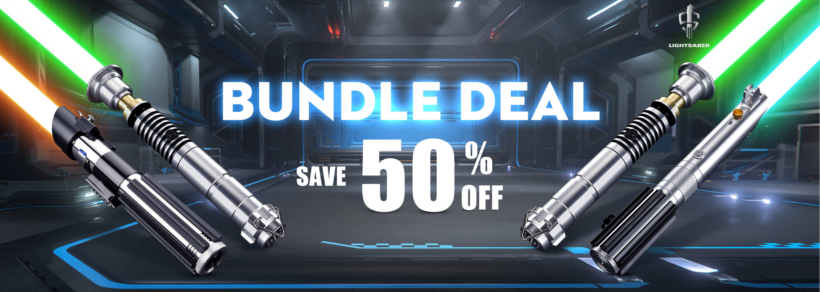 LIGHTSABER® official website homepage banner for the special Bundle Deal, featuring high-quality metallic replica sabers and a bold 50% off discount text.