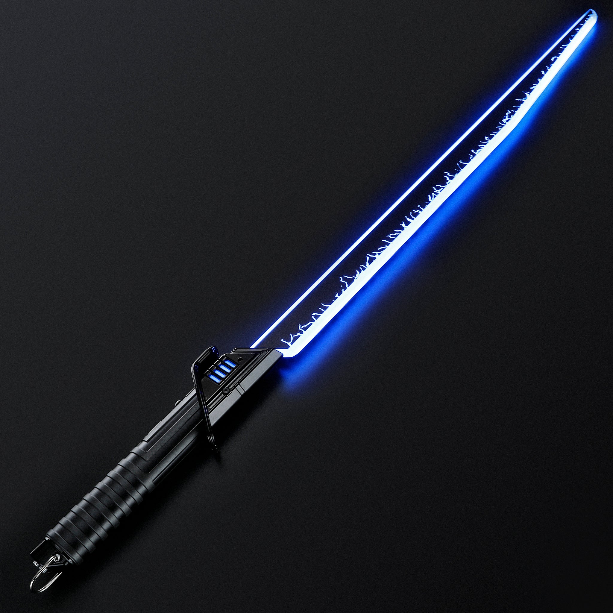 Close-up of premium black metal hilt craftsmanship on Mandalorian Darksaber lightsaber