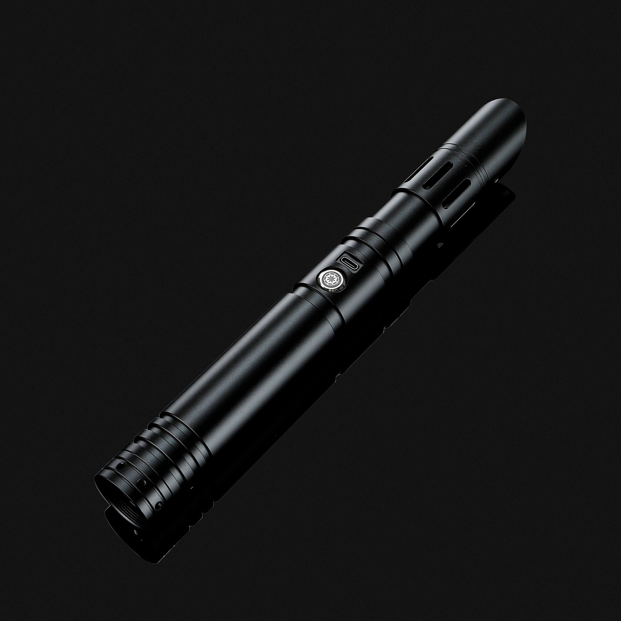 Sleek matte black metallic hilt FX combat saber isolated on dark background