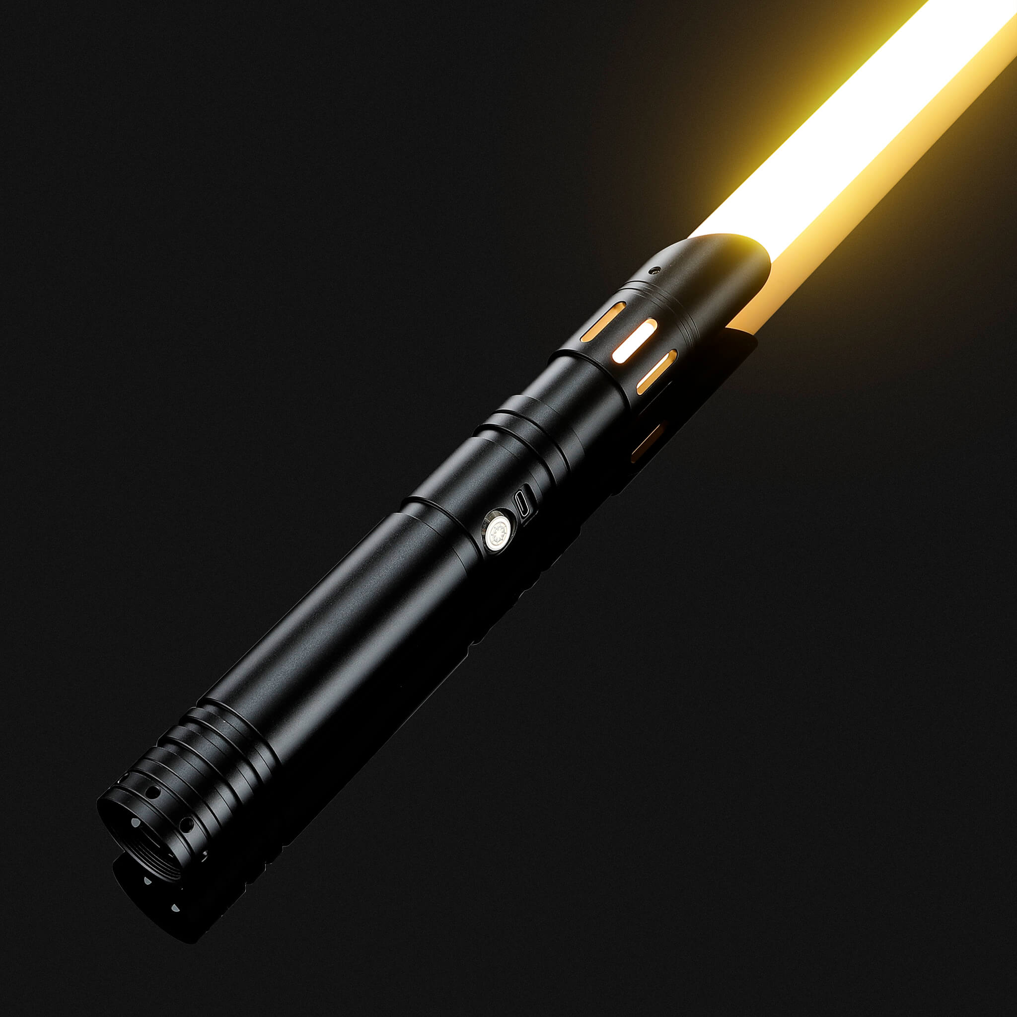Matte black metal hilt dueling light saber with a glowing yellow pixel blade