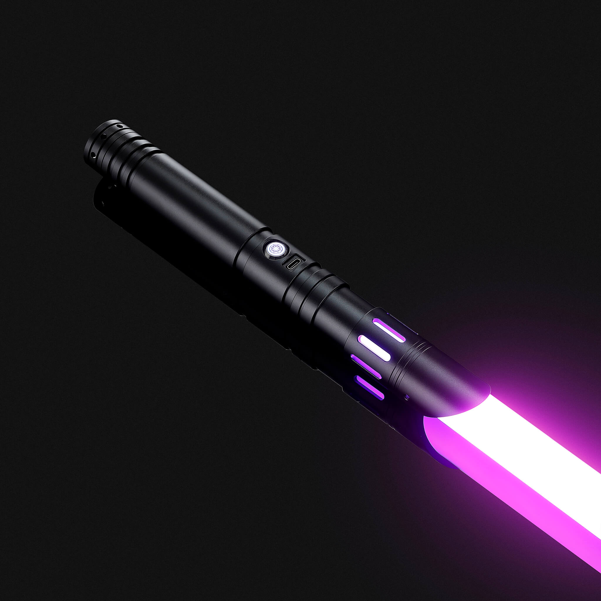 Heavy dueling light saber in black metal finish igniting a cinematic purple blade