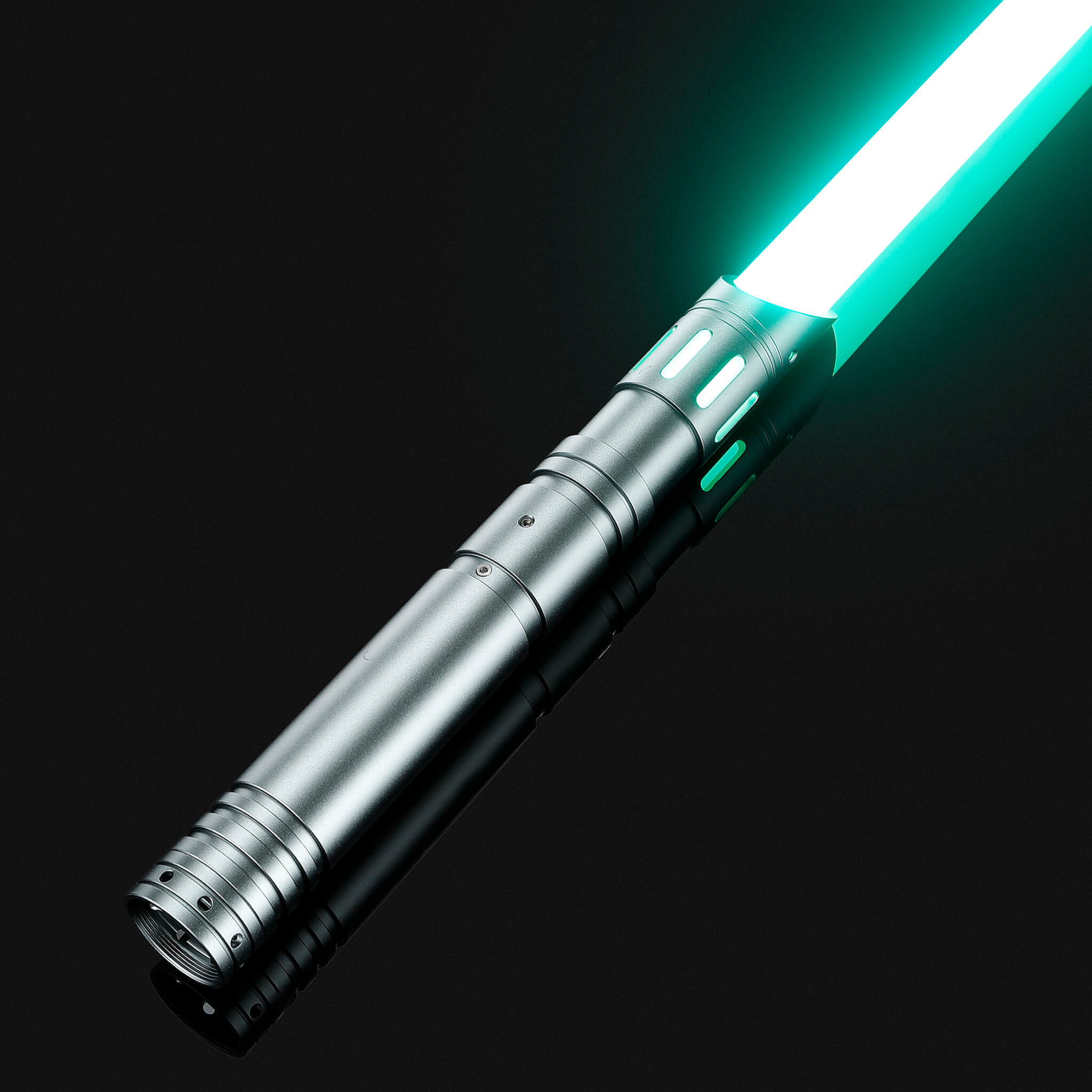 Premium silver aluminum dueling saber illuminating a bright green combat blade