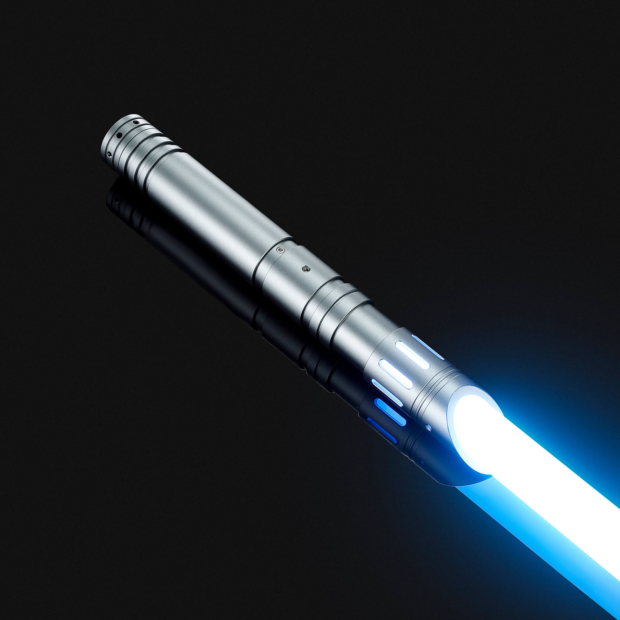 FX combat light saber with metallic silver hilt and ice blue illuminated blade