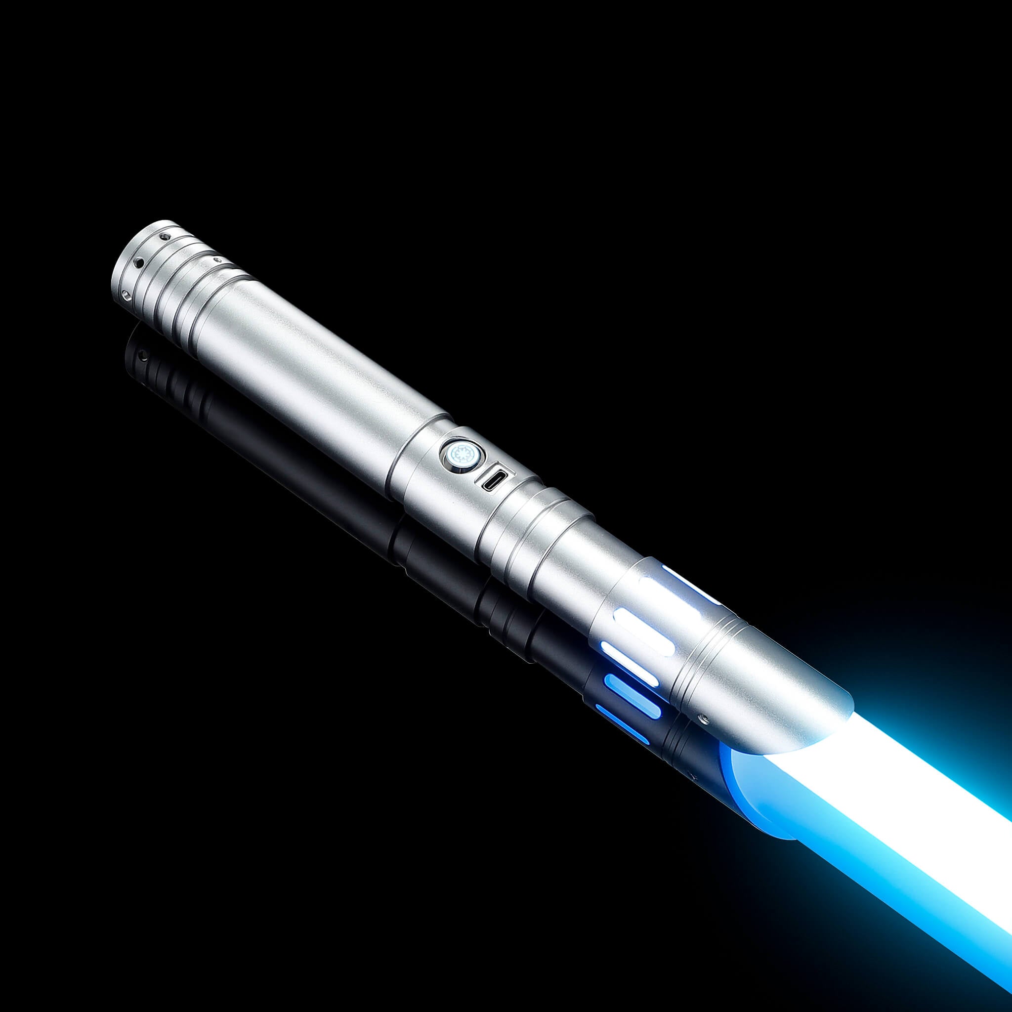Championship silver dueling saber hilt paired with a striking blue illuminated blade