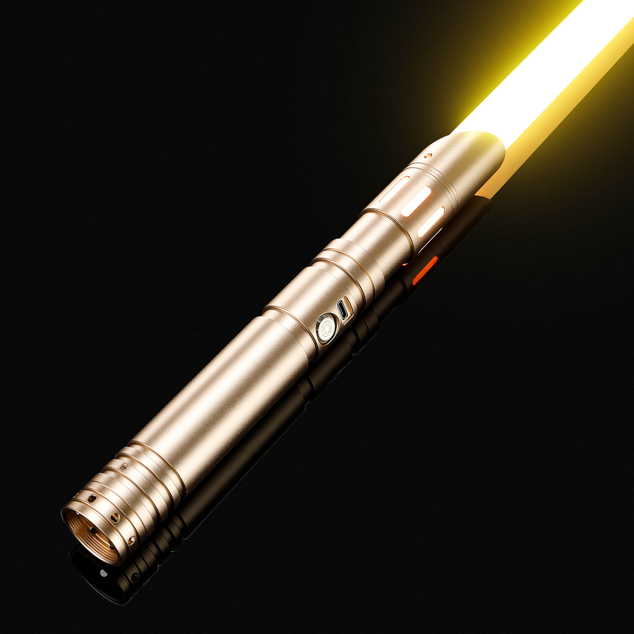 Luxury gold metallic hilt dueling saber with a high-intensity yellow illuminated blade