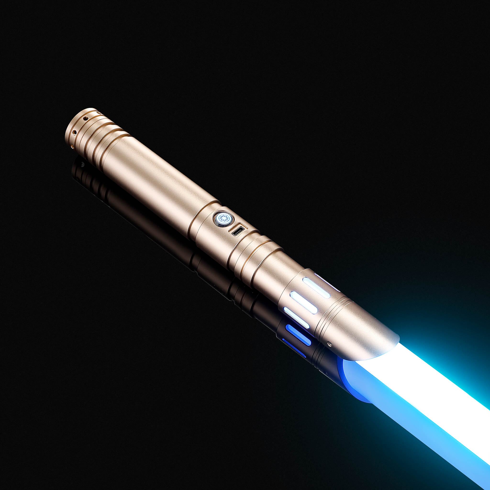 Gold metal hilt FX light saber featuring a heavy-duty blue dueling blade