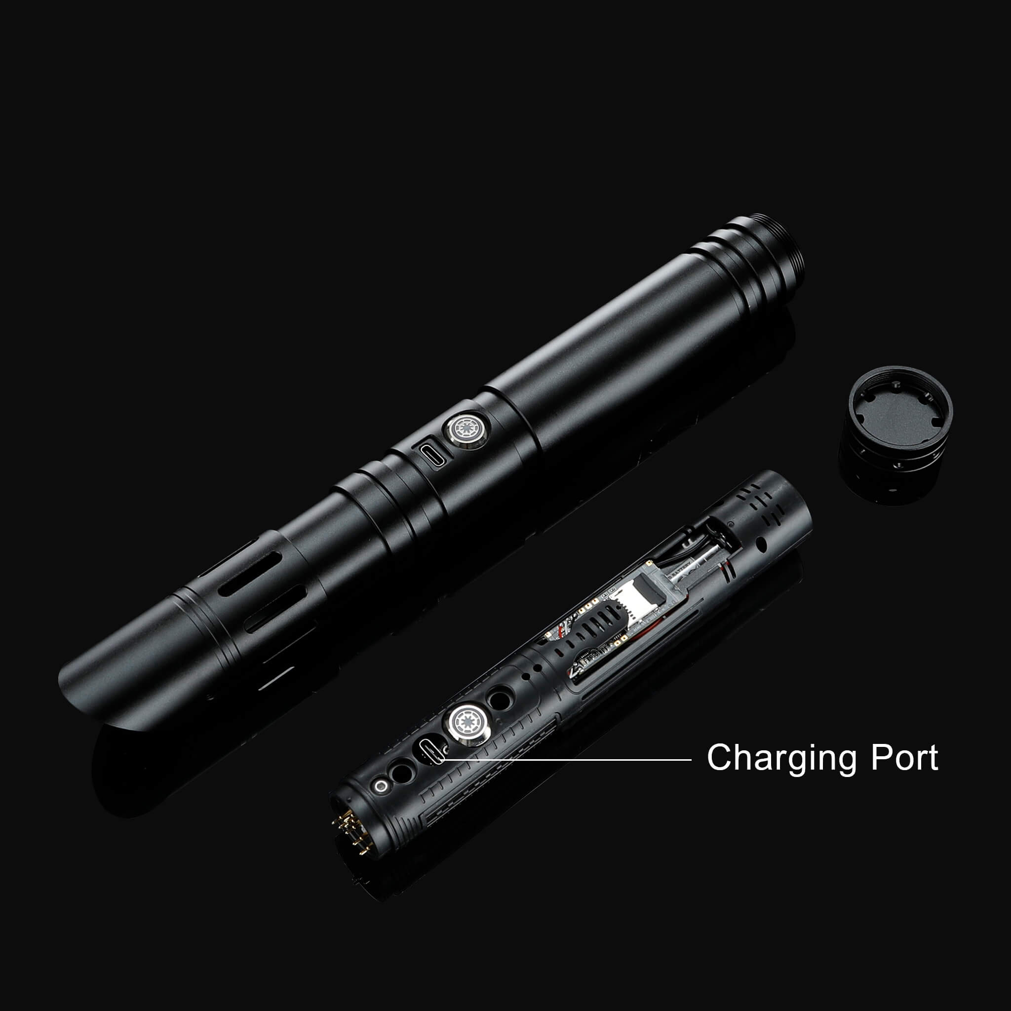 Internal chassis reveal of light saber hilt with removable battery setup