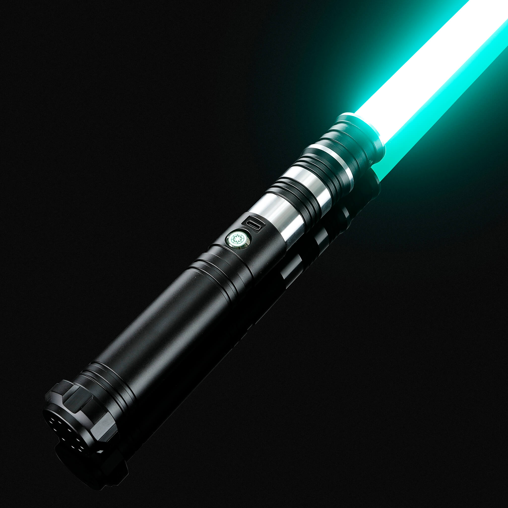 black metal hilt smooth swing light saber igniting a vibrant green blade