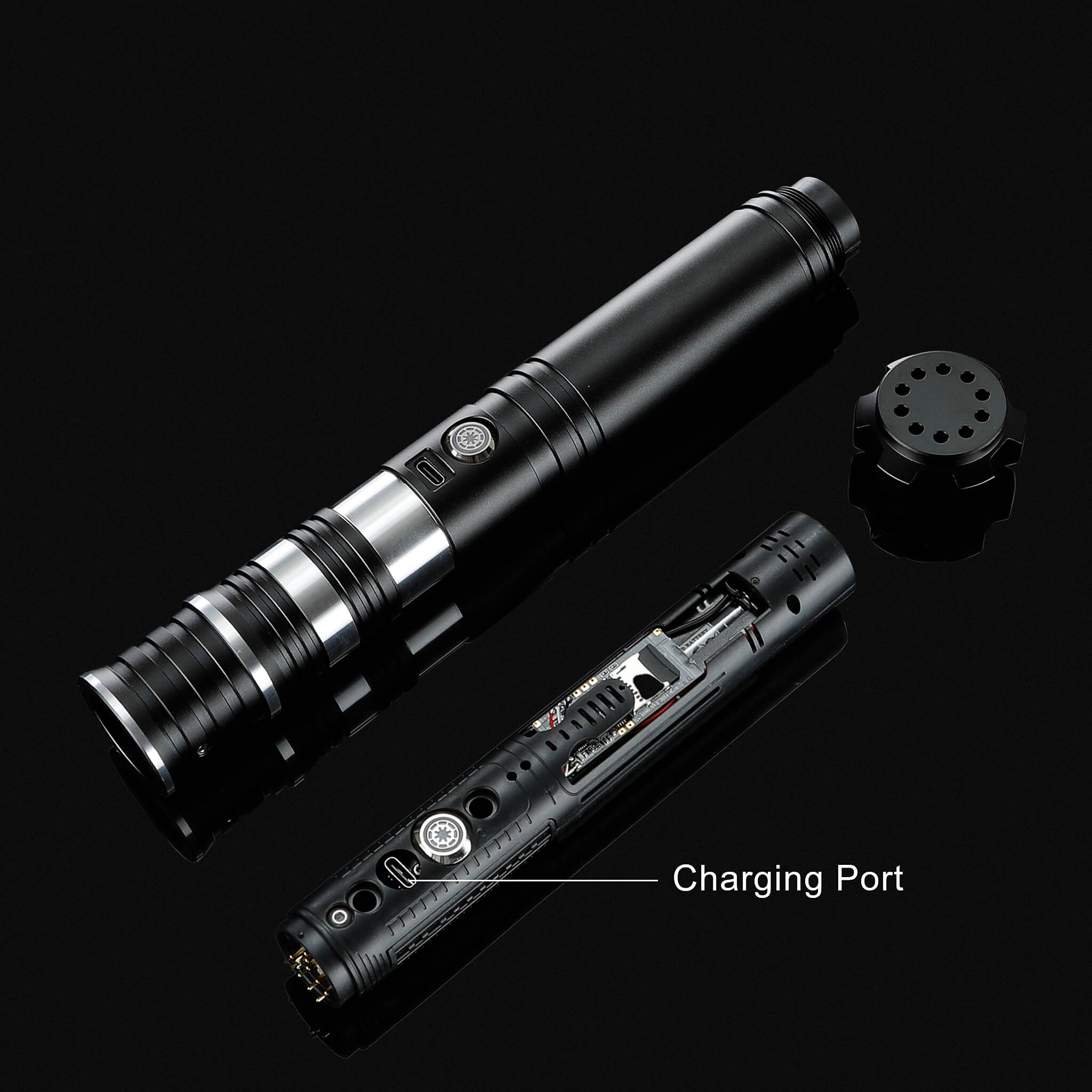 Internal electronic chassis reveal of a smooth swing RGB combat saber with battery