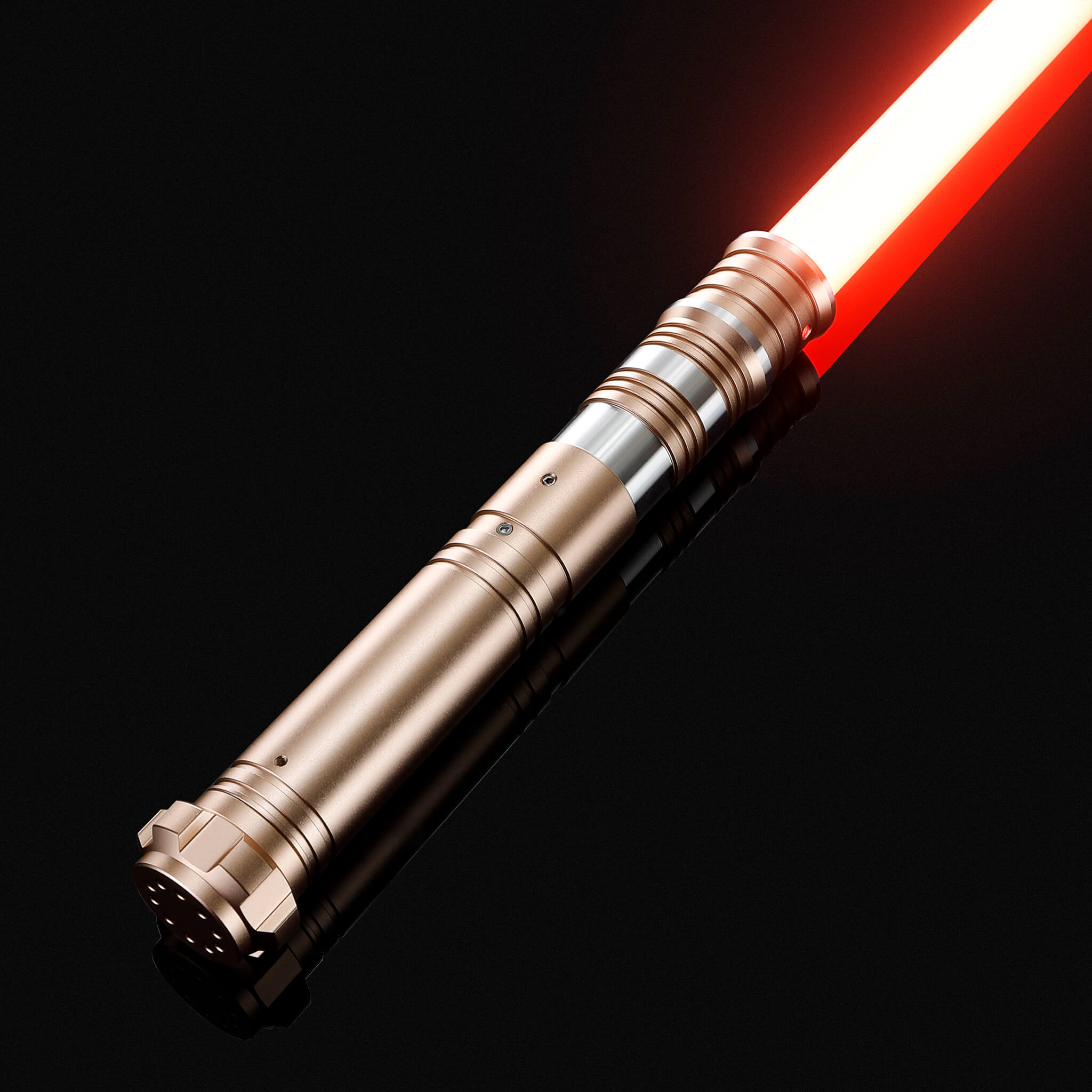 gold anodized metal hilt dueling light saber with a full contact red blade
