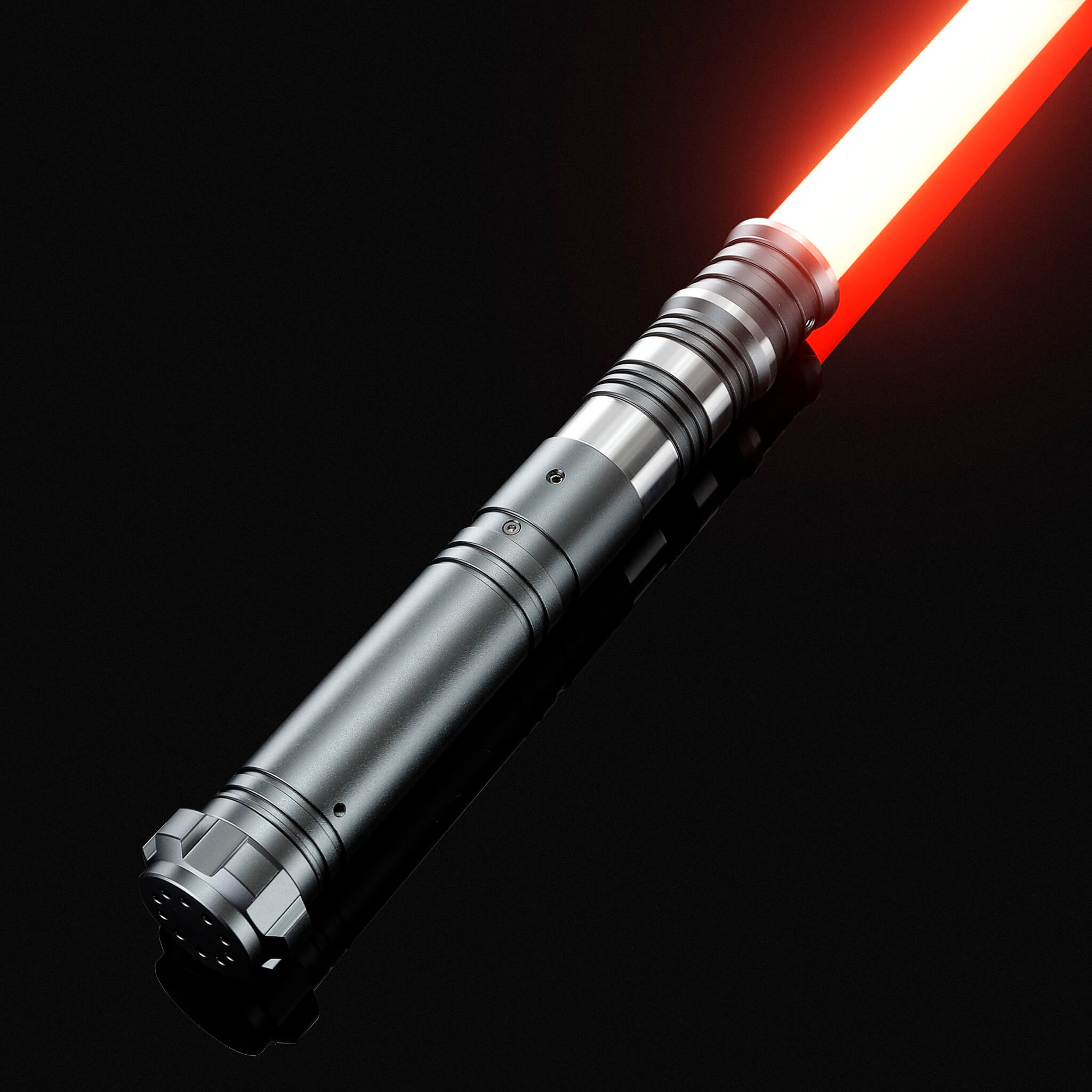 Polished gray metal hilt FX dueling light saber featuring a heavy duty red blade