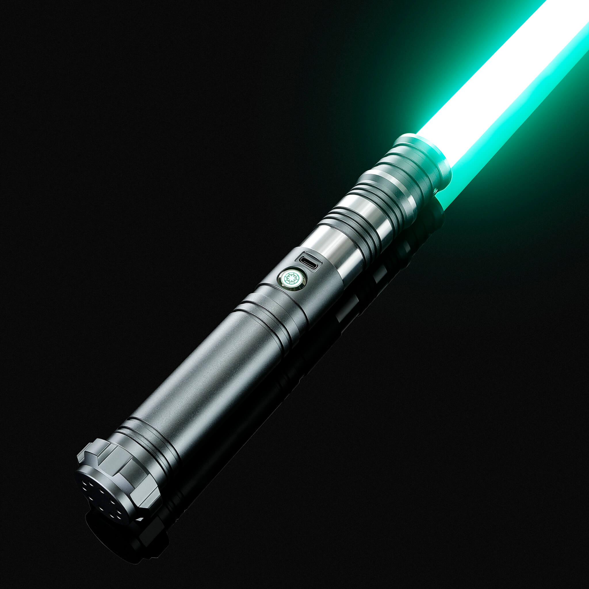 gray aluminum dueling saber hilt paired with a striking green blade