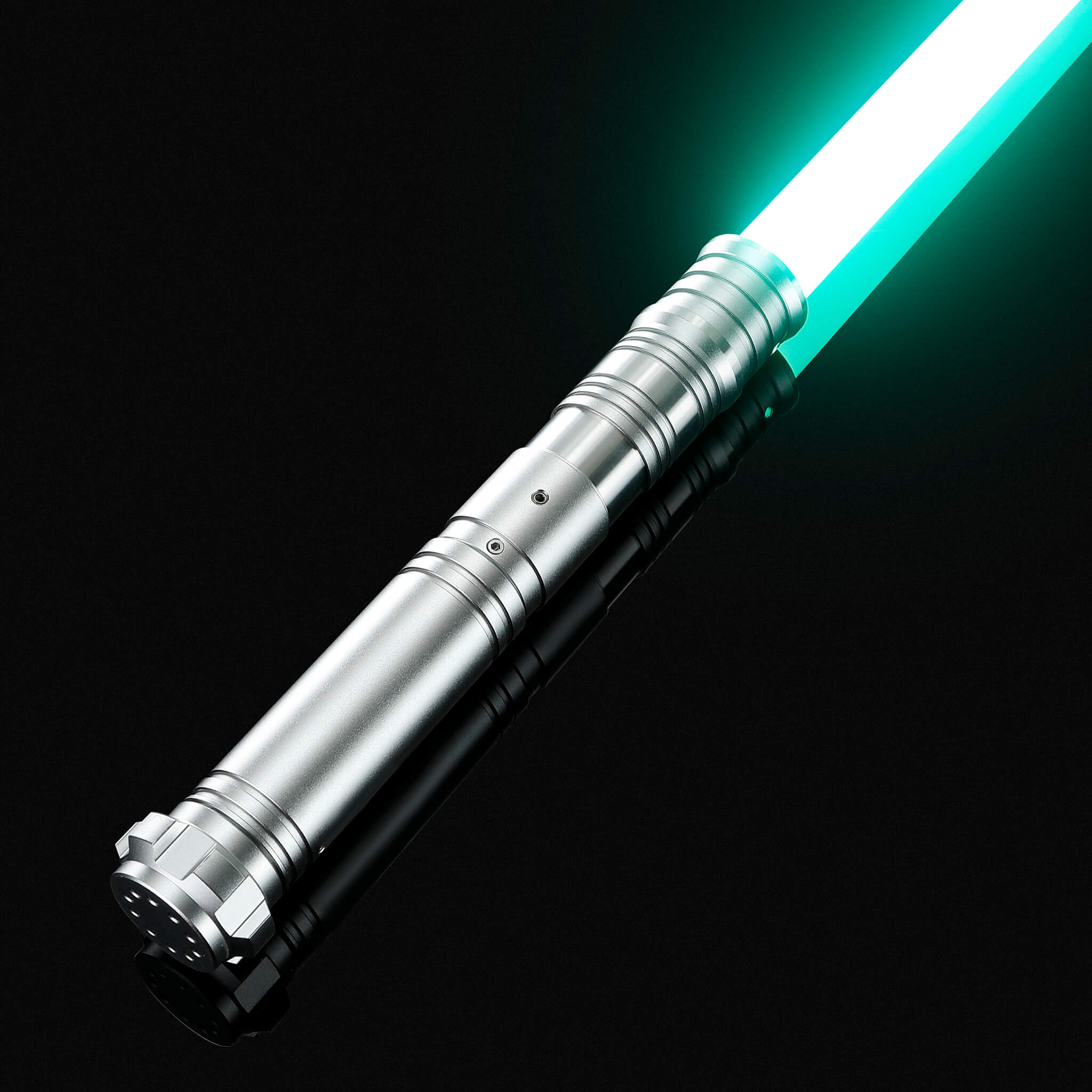 Vibrant green pixel blade ignited from a durable silver metal hilt dueling saber