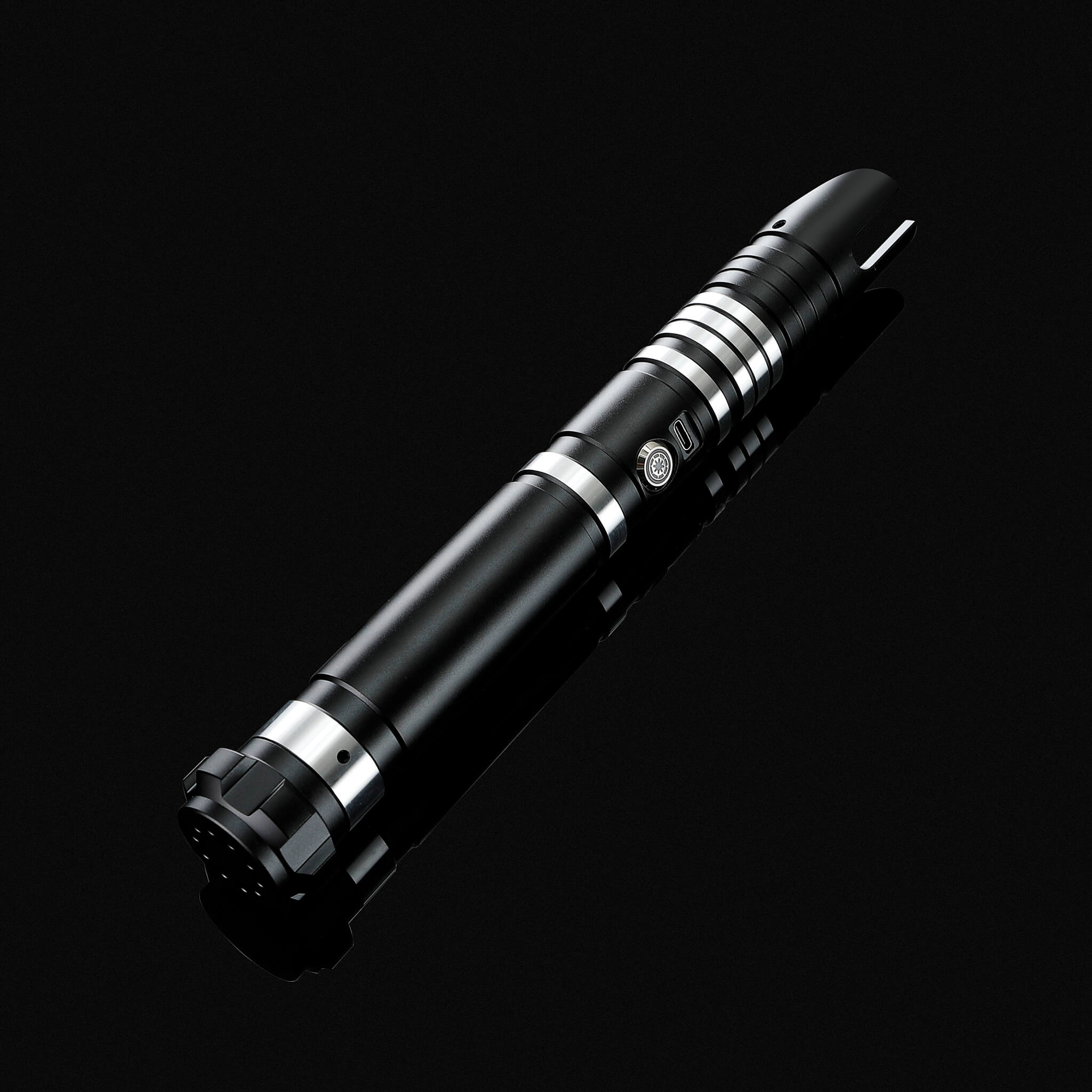 Sleek black aluminum alloy hilt replica light saber with smooth swing technology, unlit view.