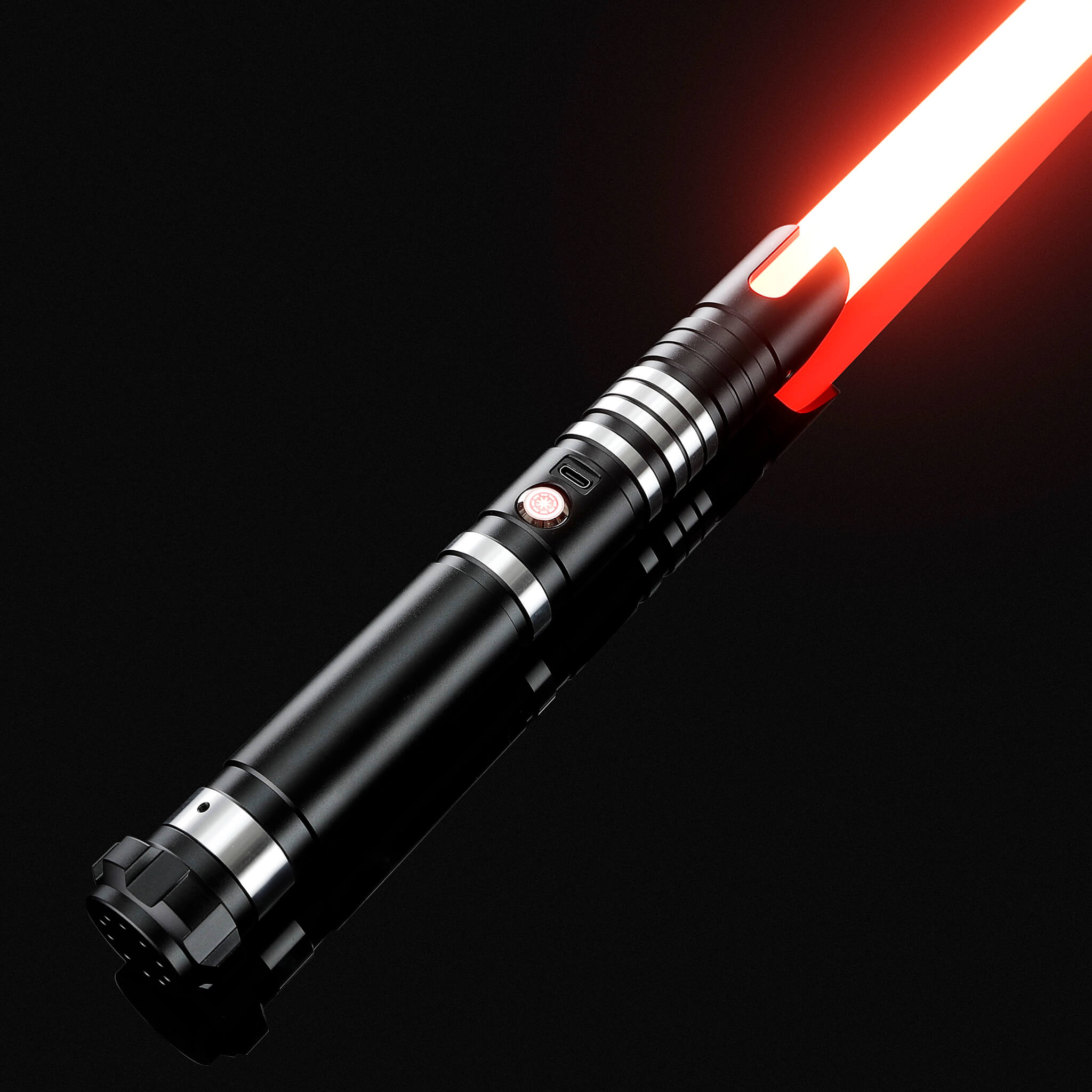 Metal hilt replica light saber glowing with a bright red blade, premium cosplay accessory.