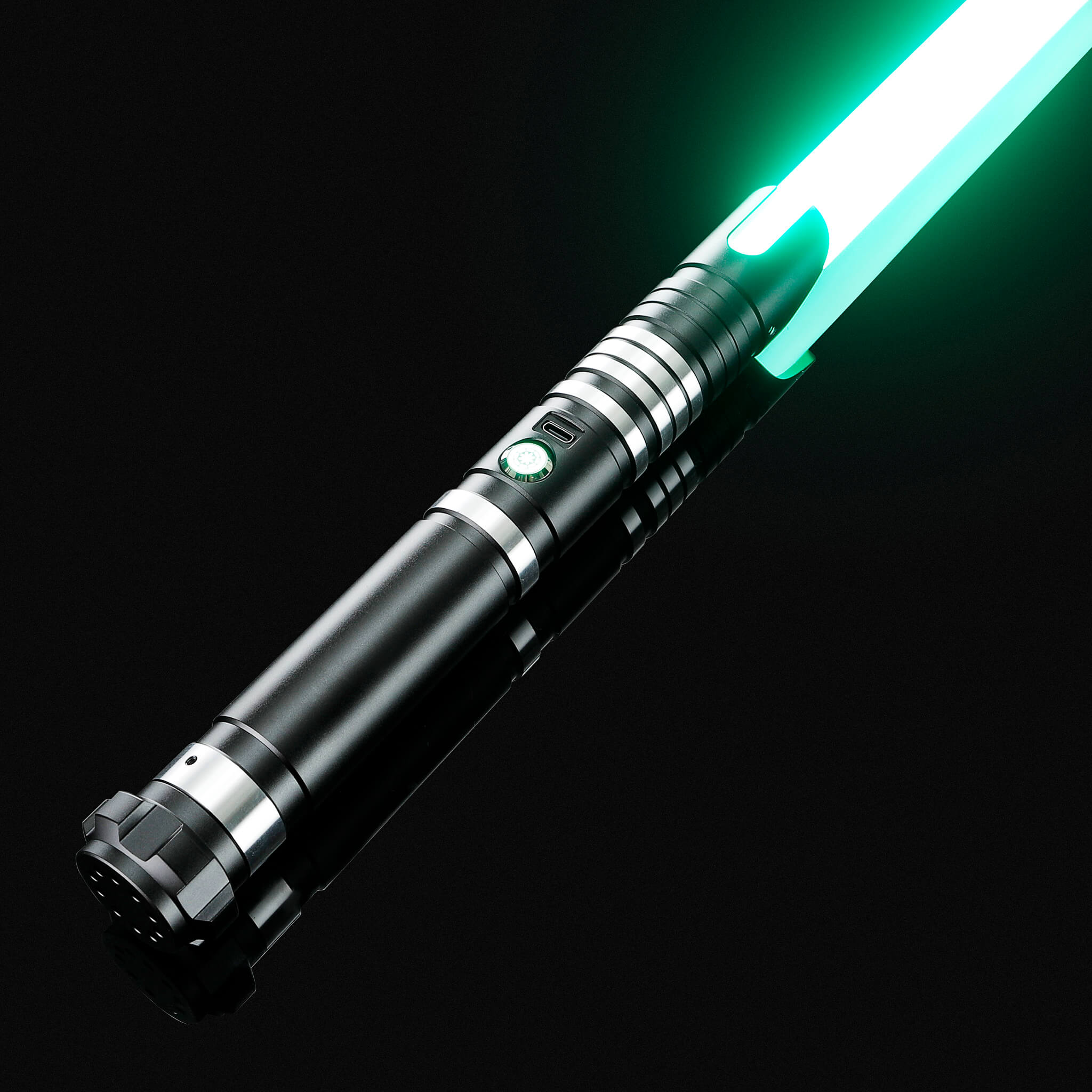 Black metal handle light saber illuminated with a vibrant green blade for cosplay and display.