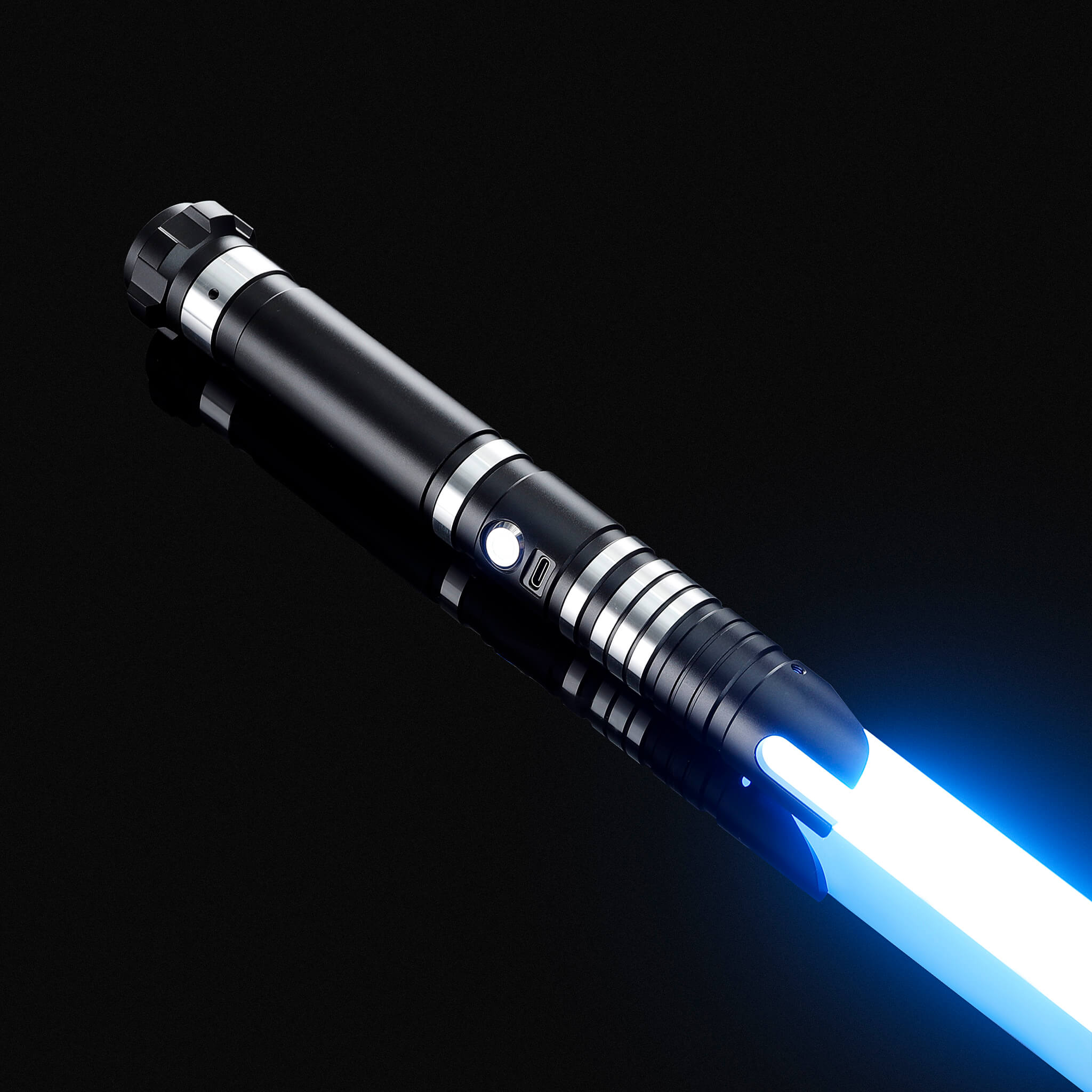Black aluminum hilt light saber replica glowing with a brilliant blue blade.
