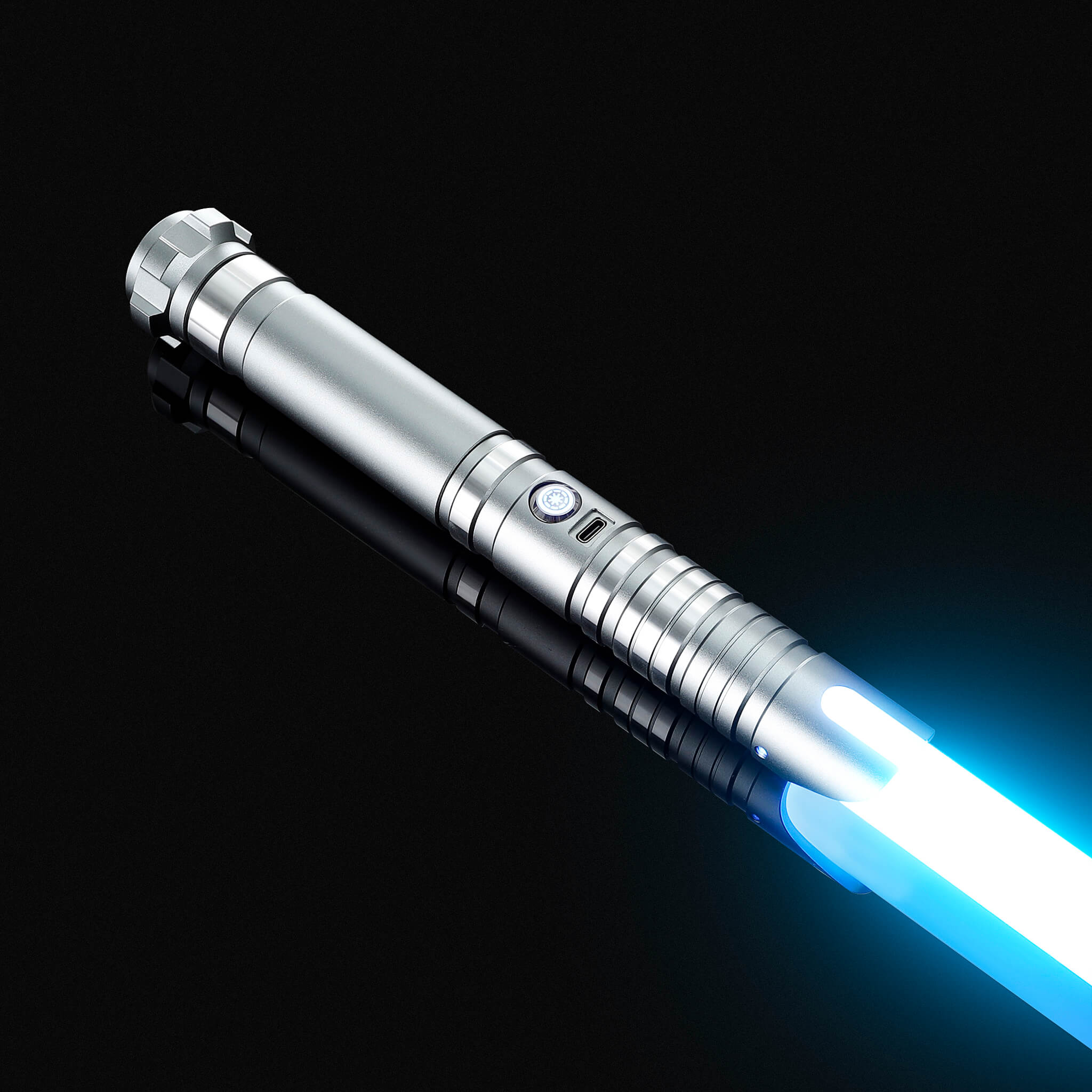 Sleek silver metal hilt replica light saber glowing with a brilliant blue blade.