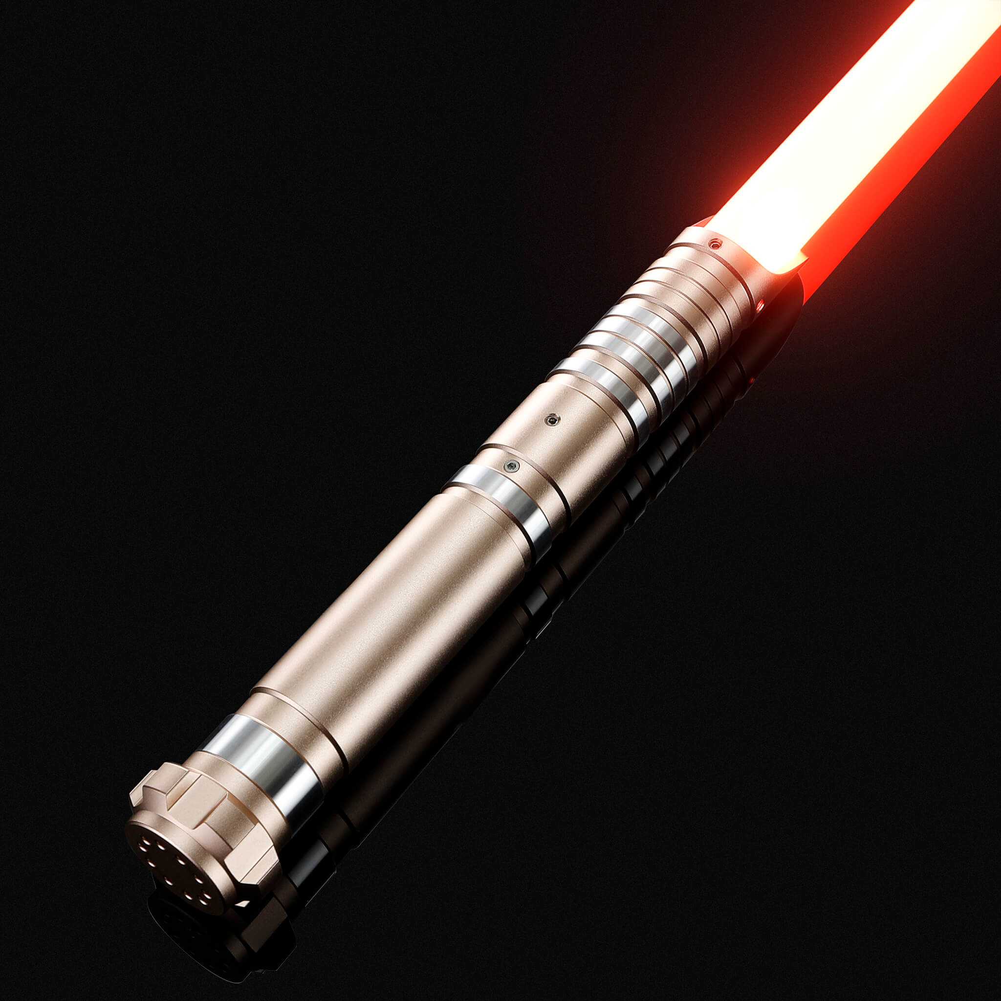 Luxury gold aluminum hilt replica light saber glowing with a bright red blade.