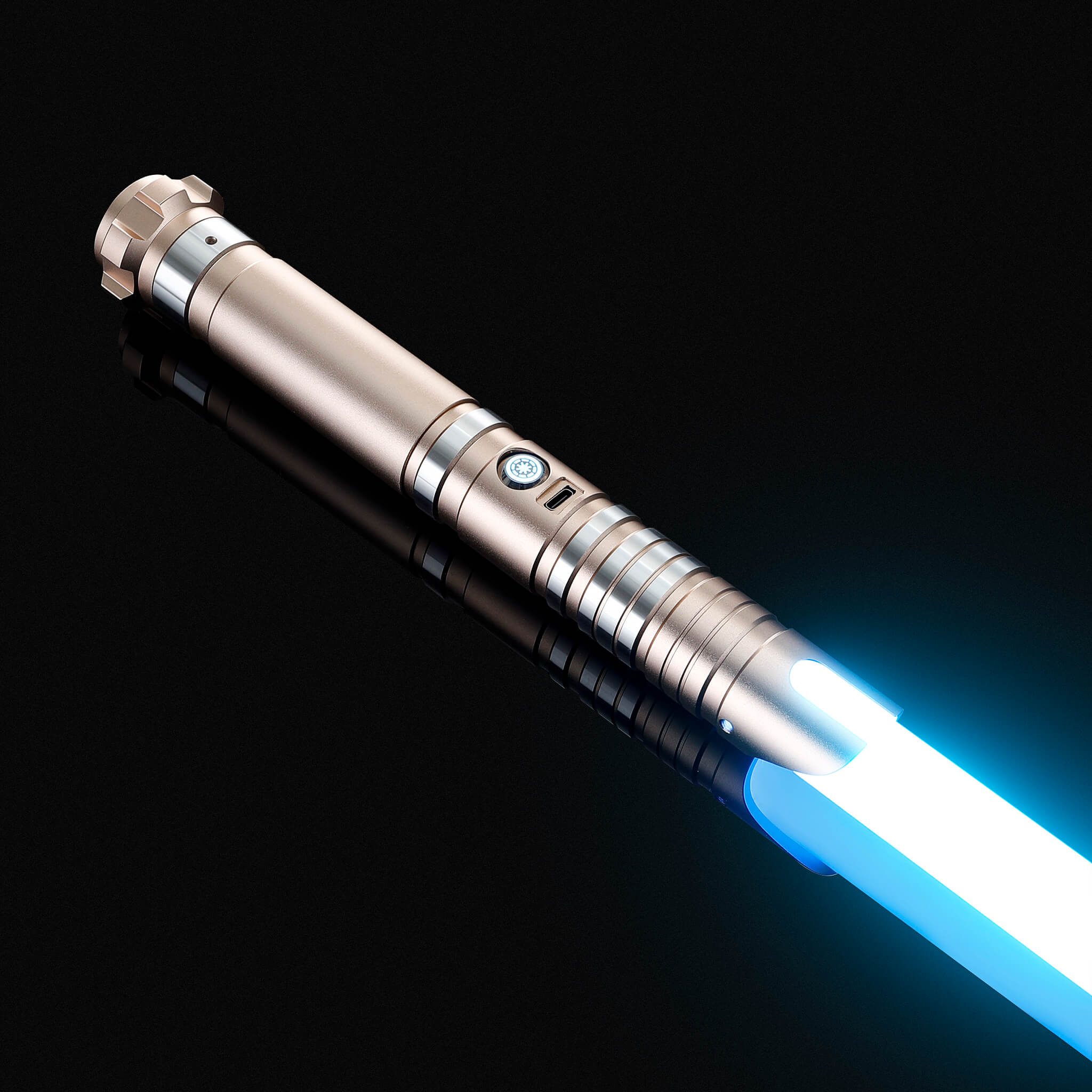 Luxury gold handle infinite color changing light saber glowing with a brilliant blue blade.