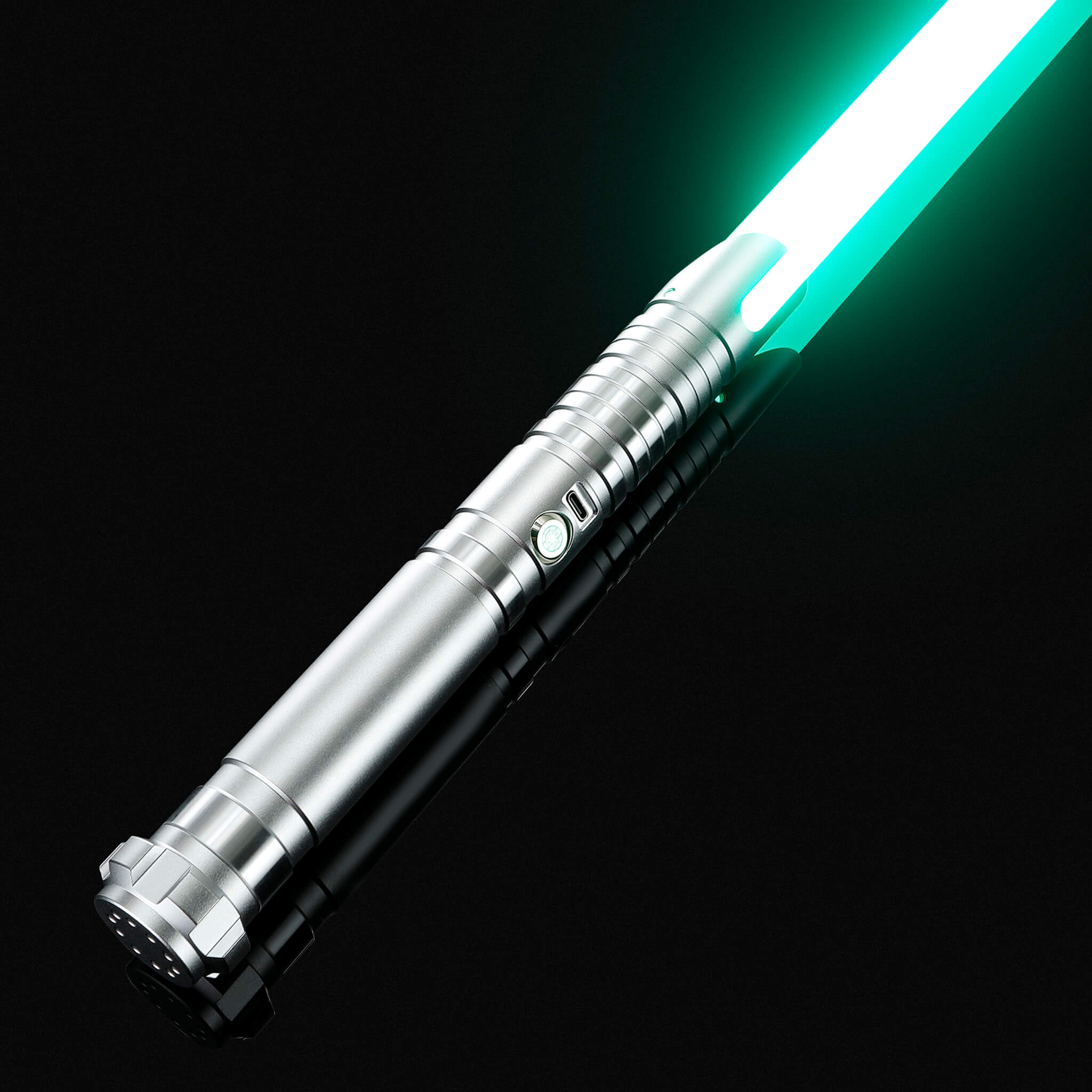 Premium gray handle light saber illuminated with a vibrant green blade.