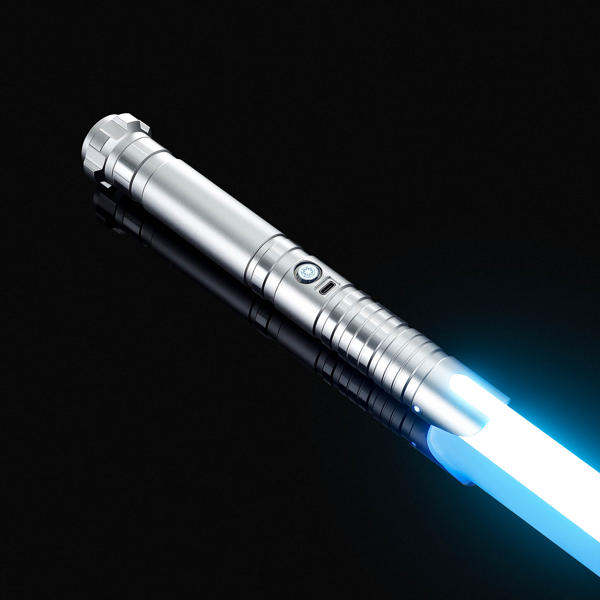 Gray metal hilt cosplay replica light saber glowing with a brilliant blue blade.