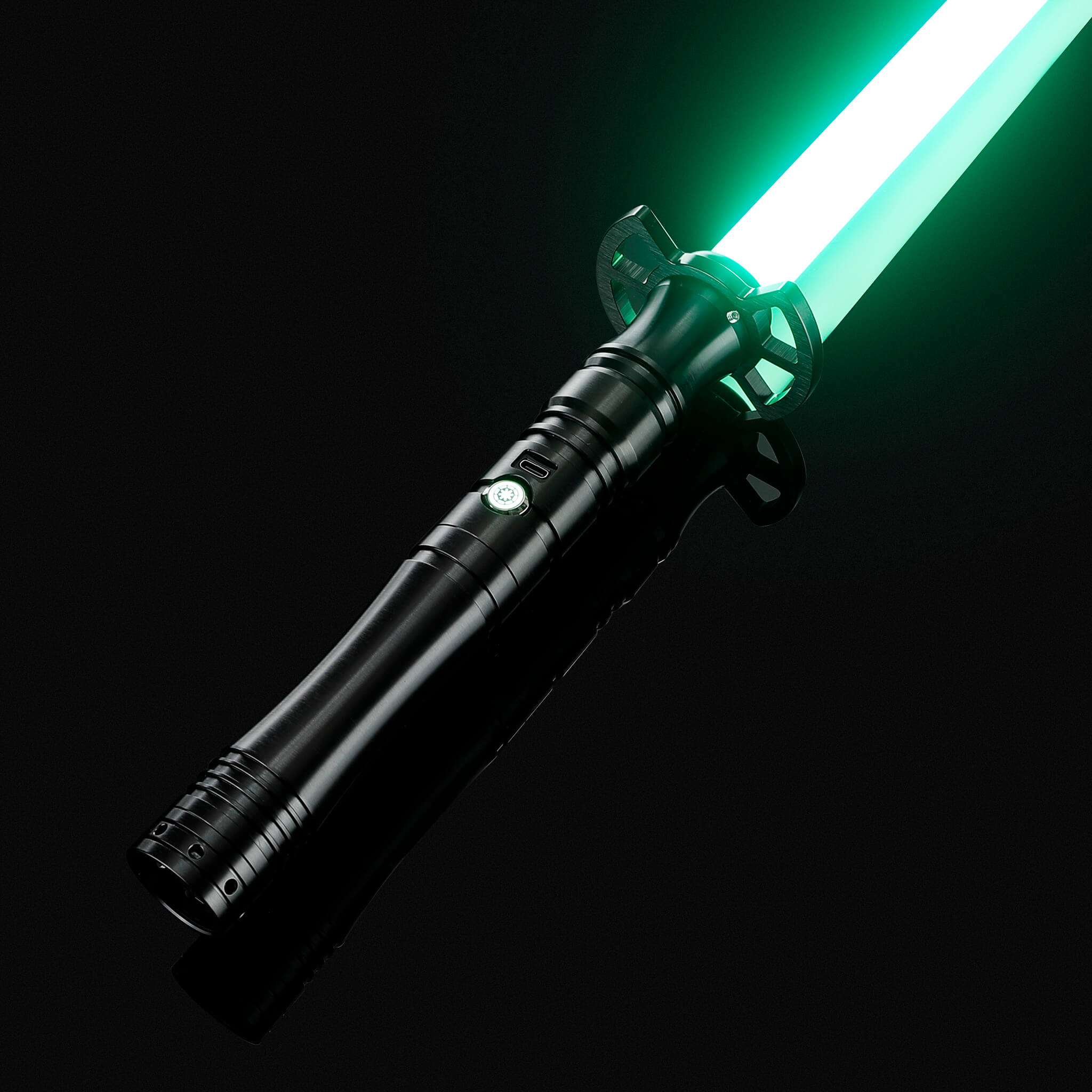 Black metal hilt lightsaber glowing with a vibrant green light in the dark