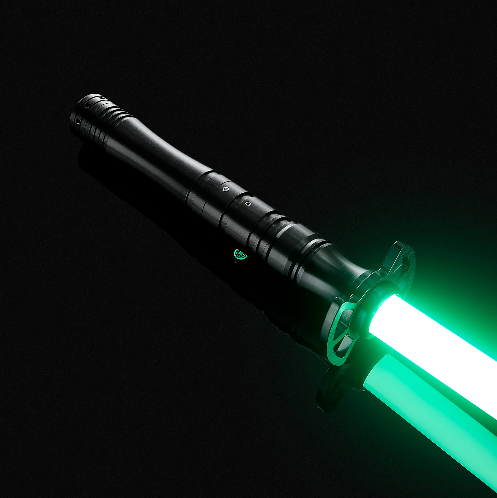Black aluminum hilt lightsaber glowing with a bright green light for cosplay