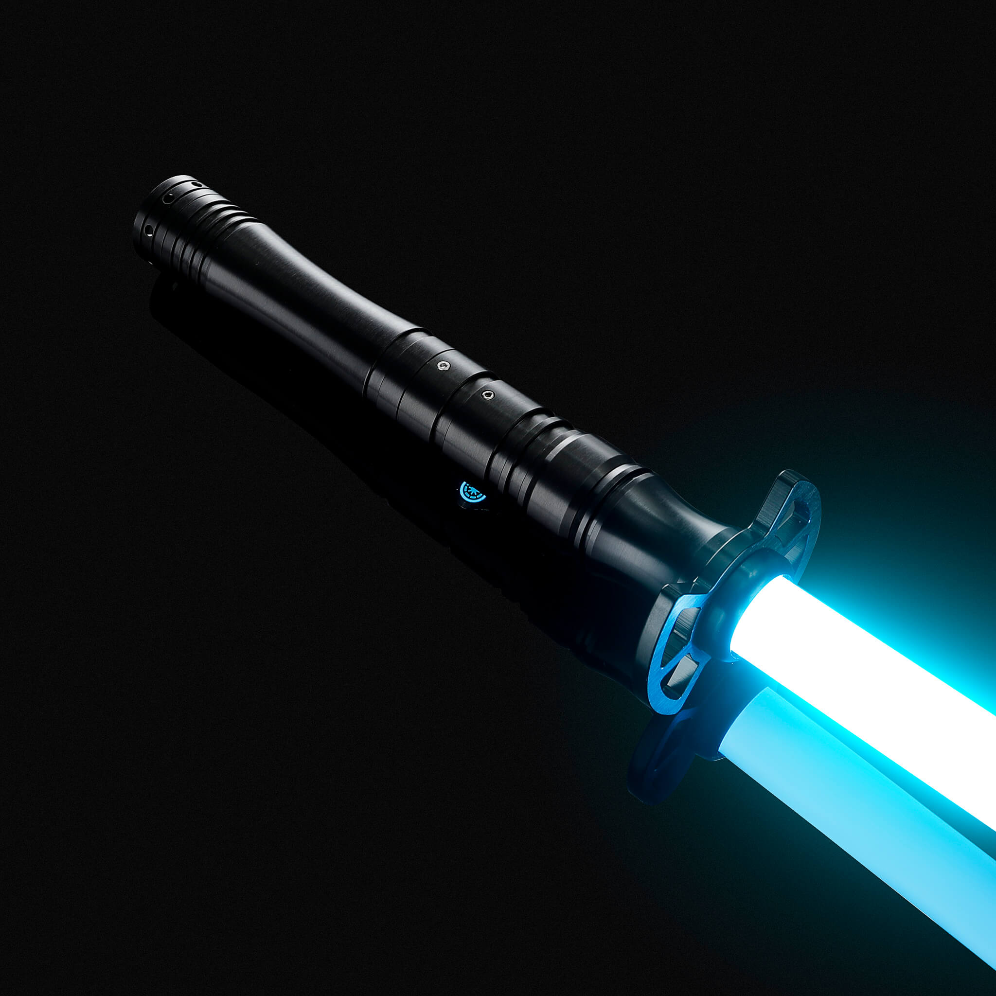 Premium black metal hilt lightsaber glowing with a brilliant blue light