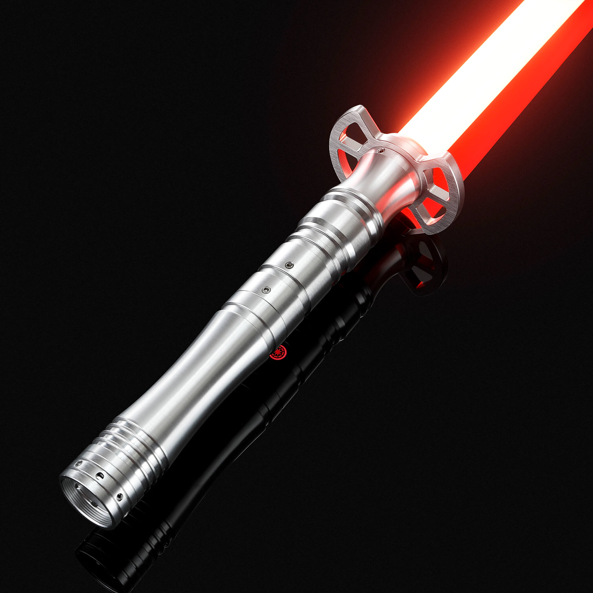 Silver metal hilt lightsaber glowing with a bright red light