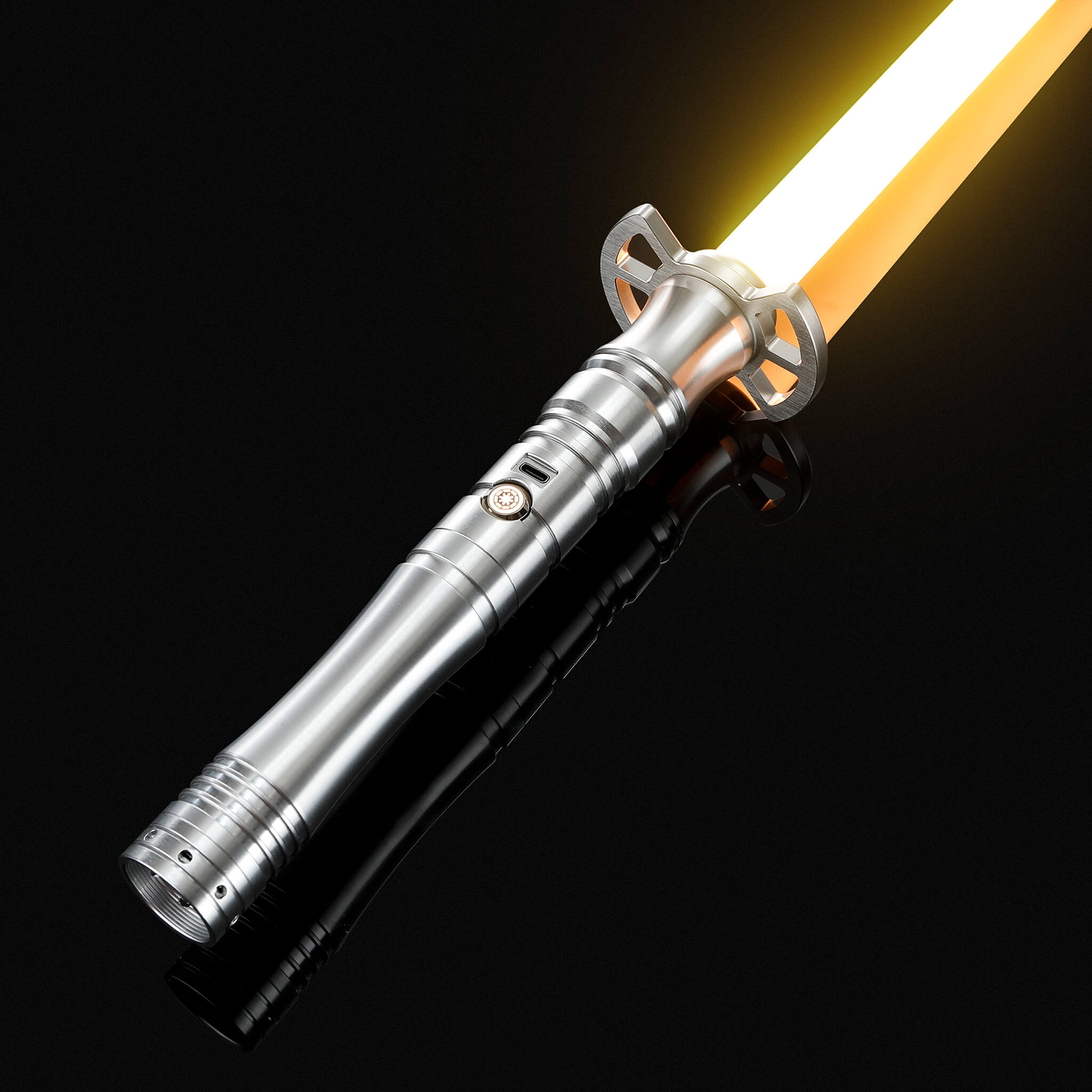 Sleek silver handle lightsaber illuminated with a vibrant gold blade