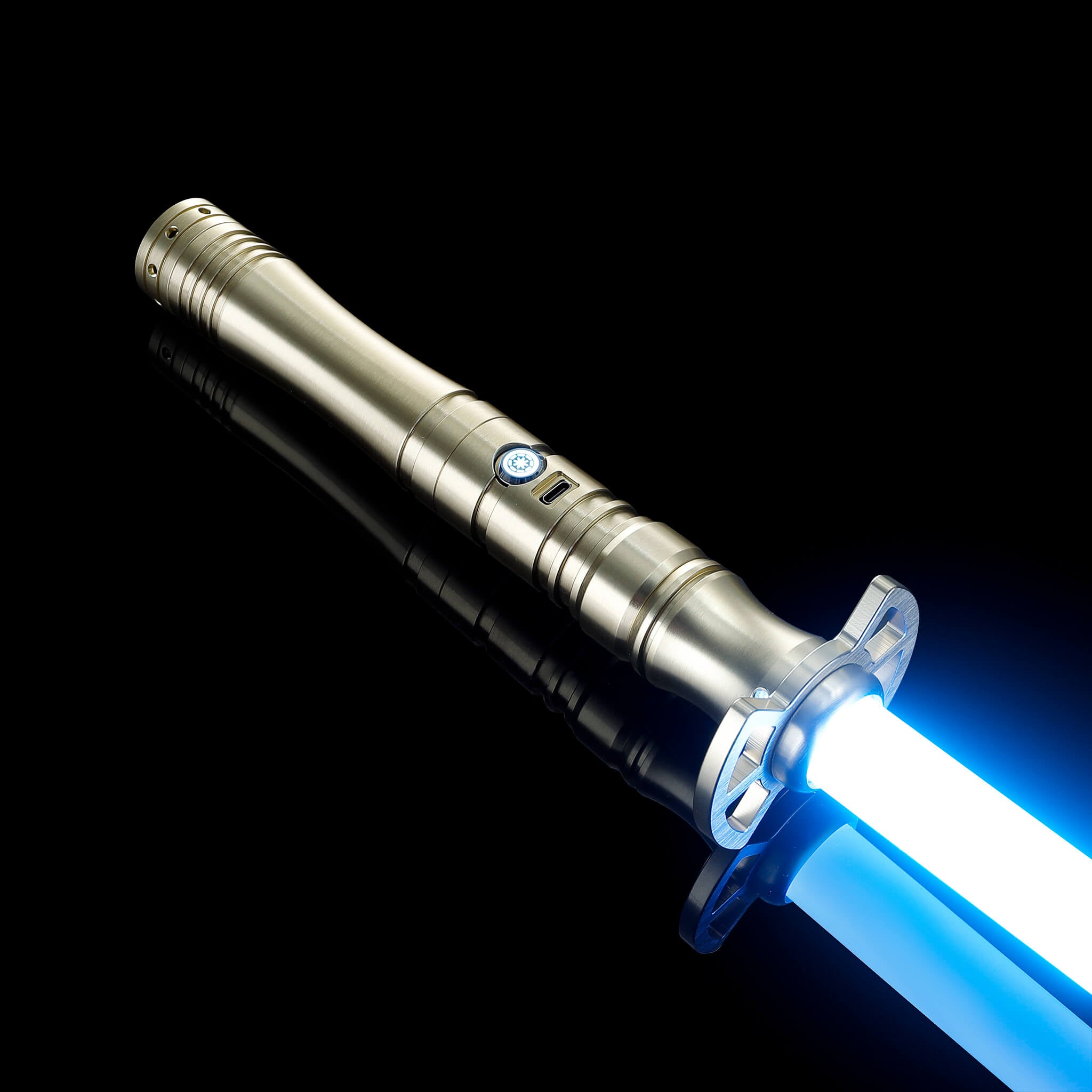 Gold aluminum hilt lightsaber glowing with a brilliant blue light