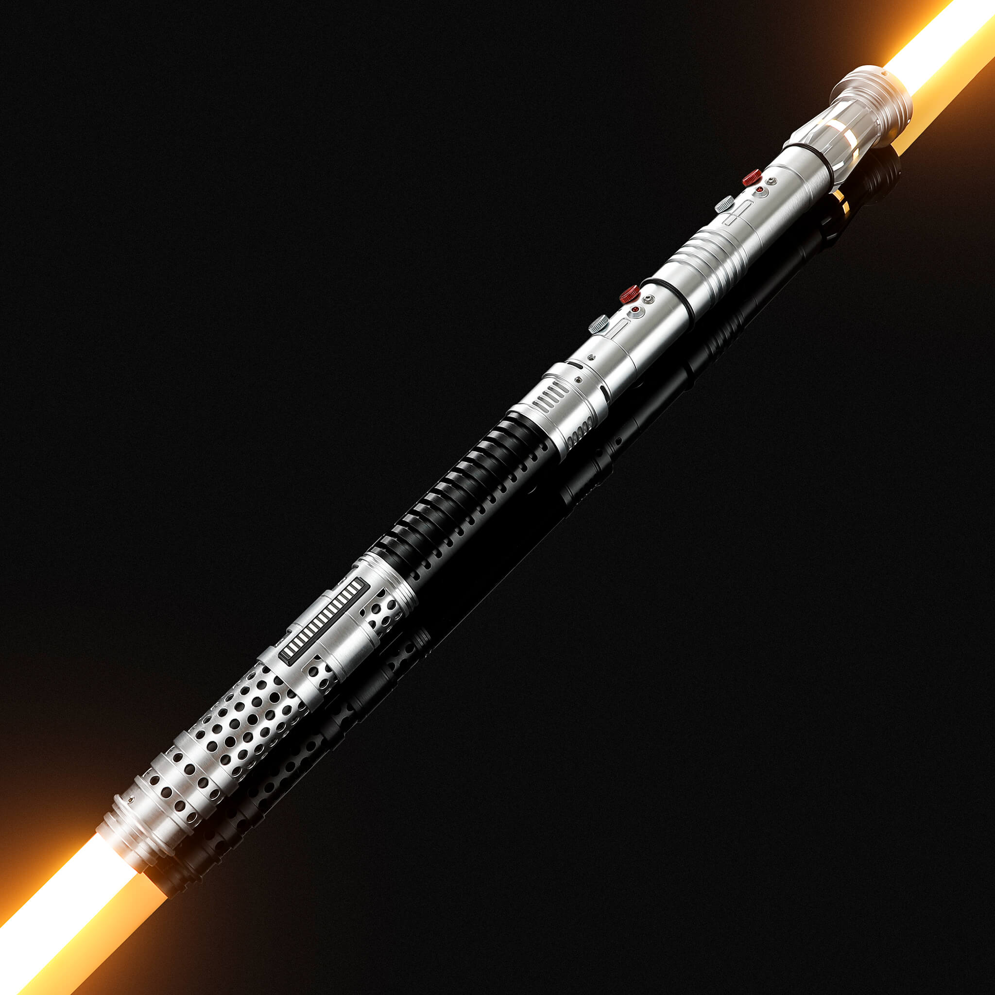 Double bladed saberstaff illuminated in yellow orange color