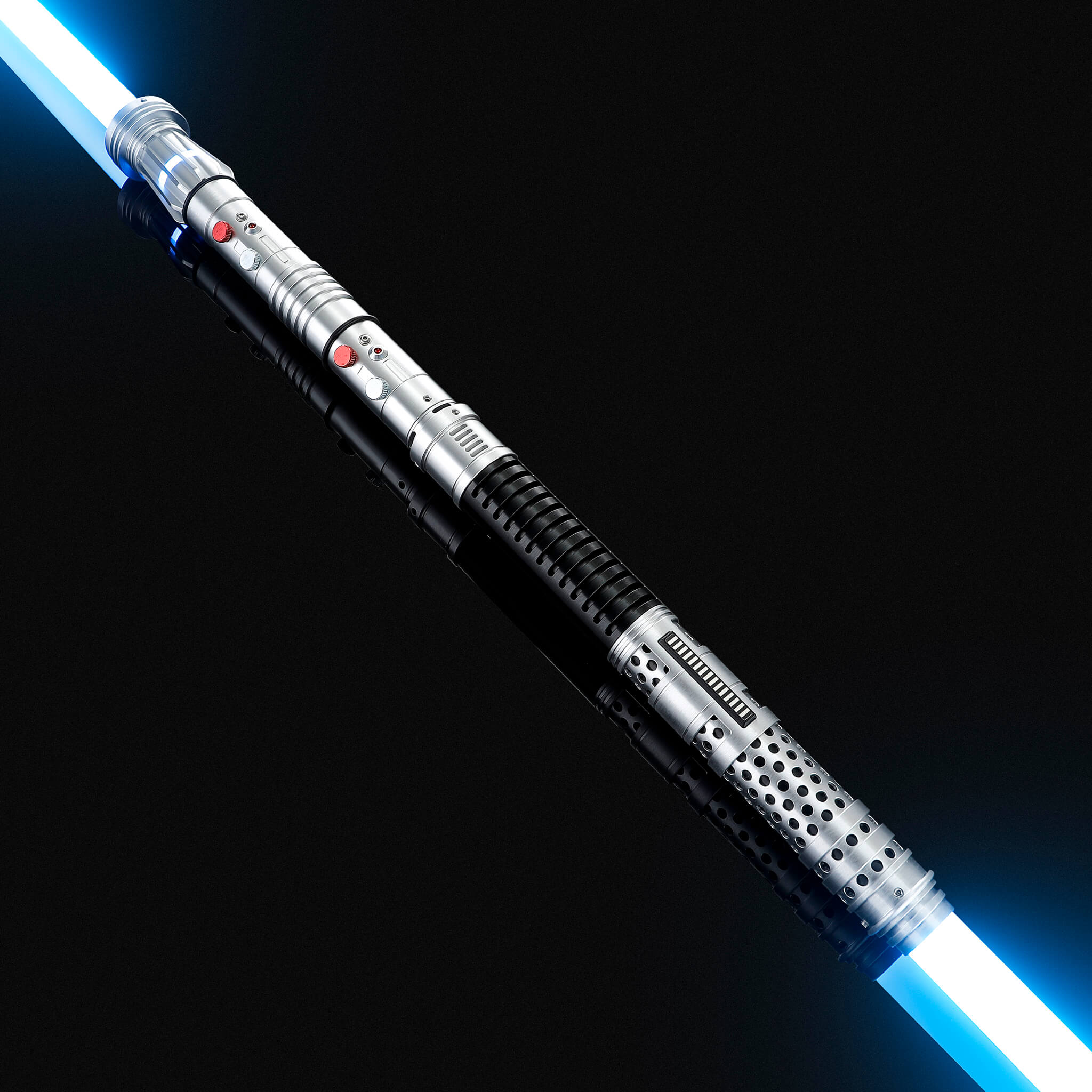 Connected double bladed saberstaff with blue light blades