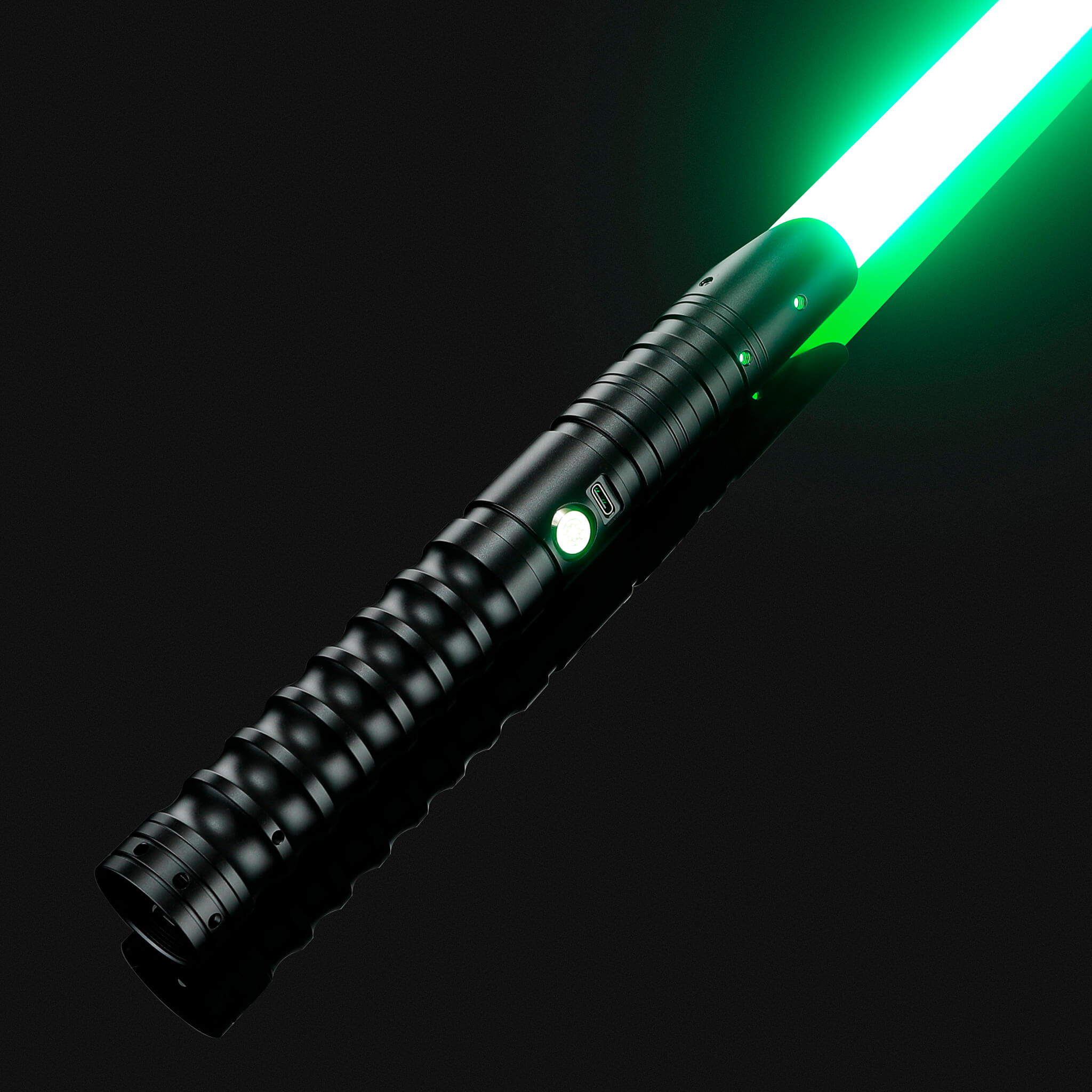 Black metal hilt lightsaber with green blade for heavy dueling
