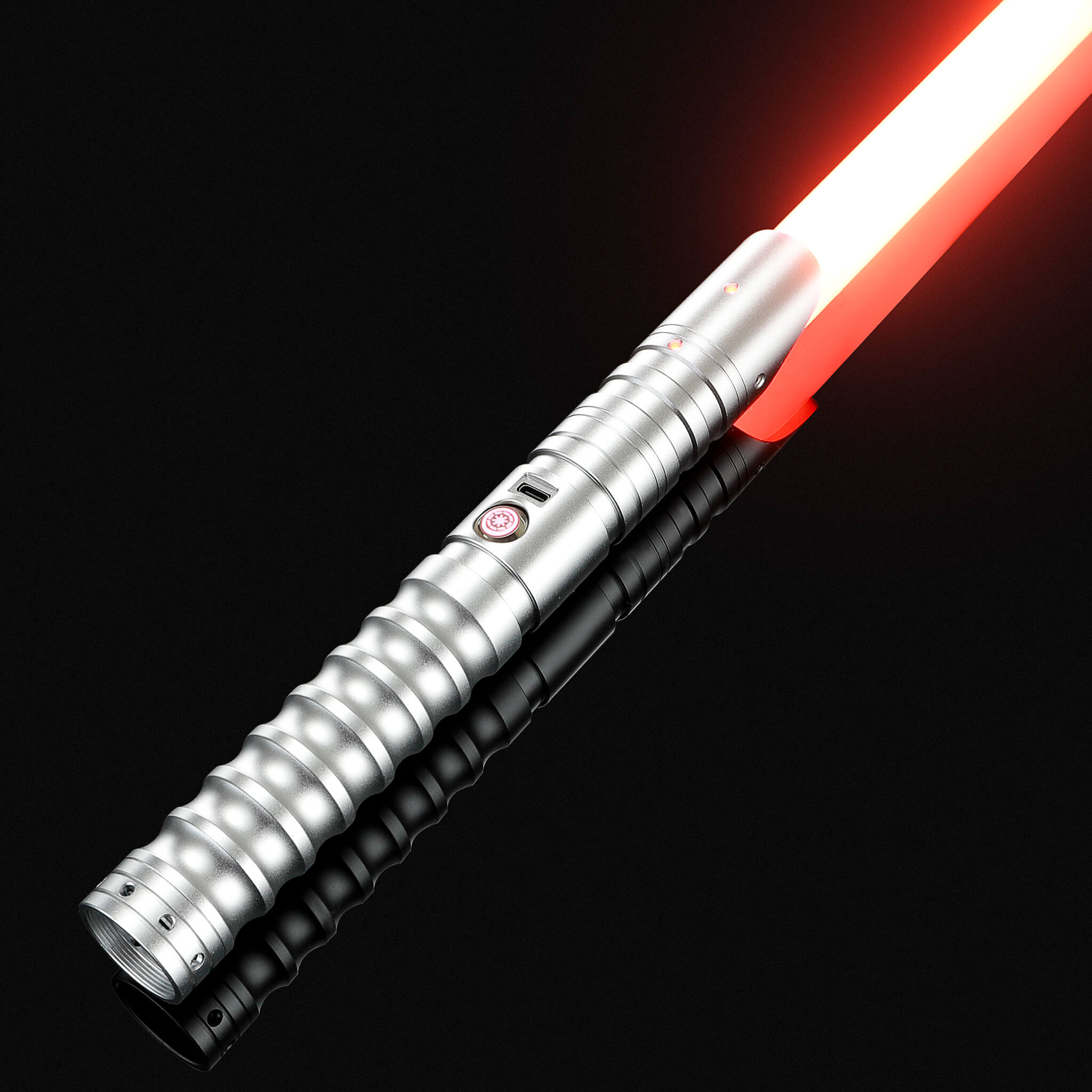 Silver metal hilt dueling lightsaber with red glowing blade