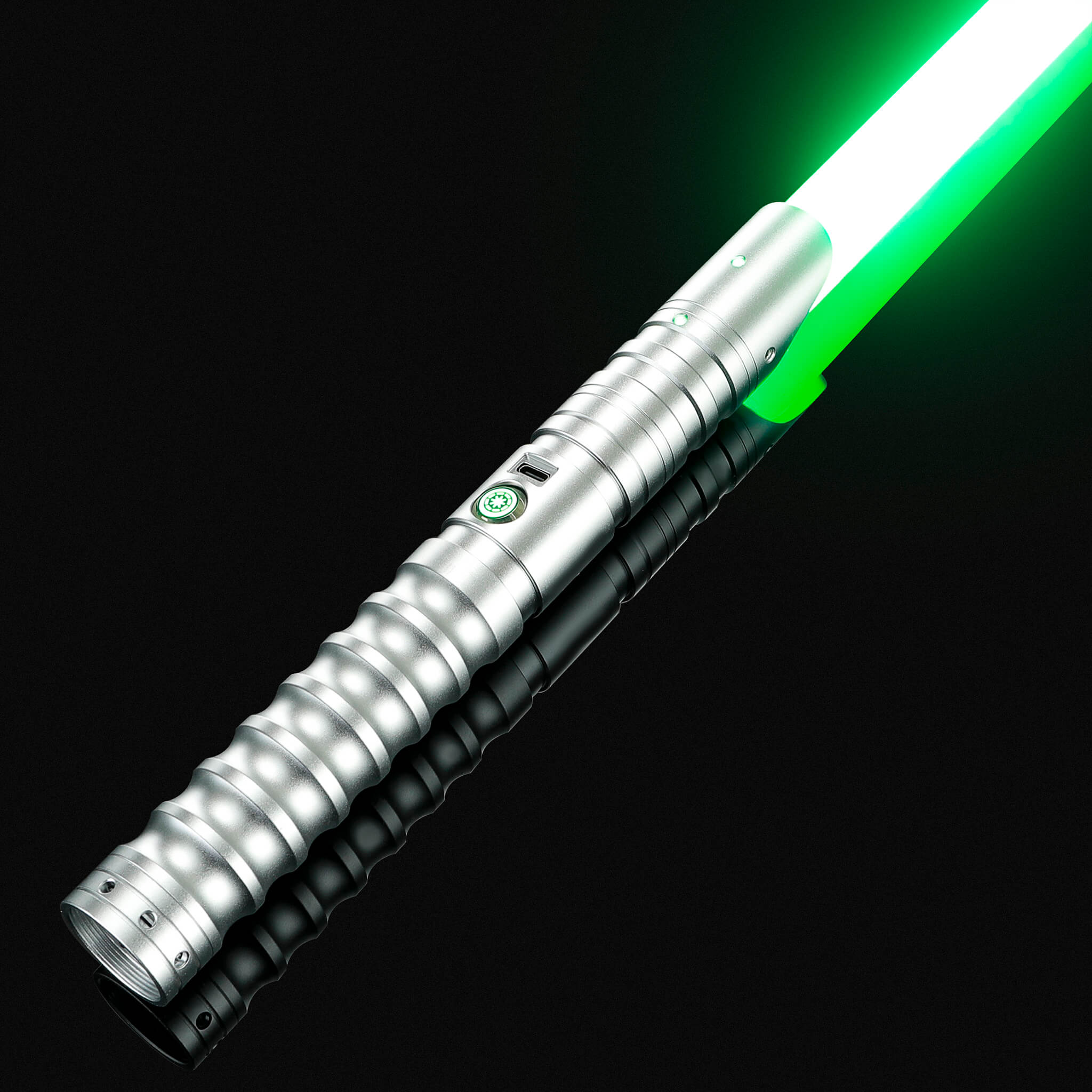 Silver metal hilt lightsaber with green light for heavy dueling