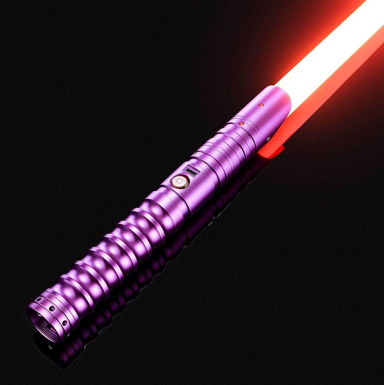 Purple metal hilt lightsaber with red blade for heavy dueling