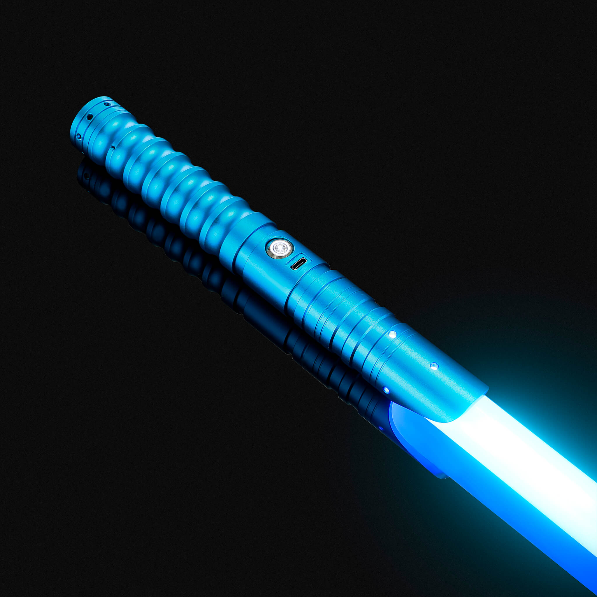 Blue metal hilt dueling lightsaber with glowing blue blade