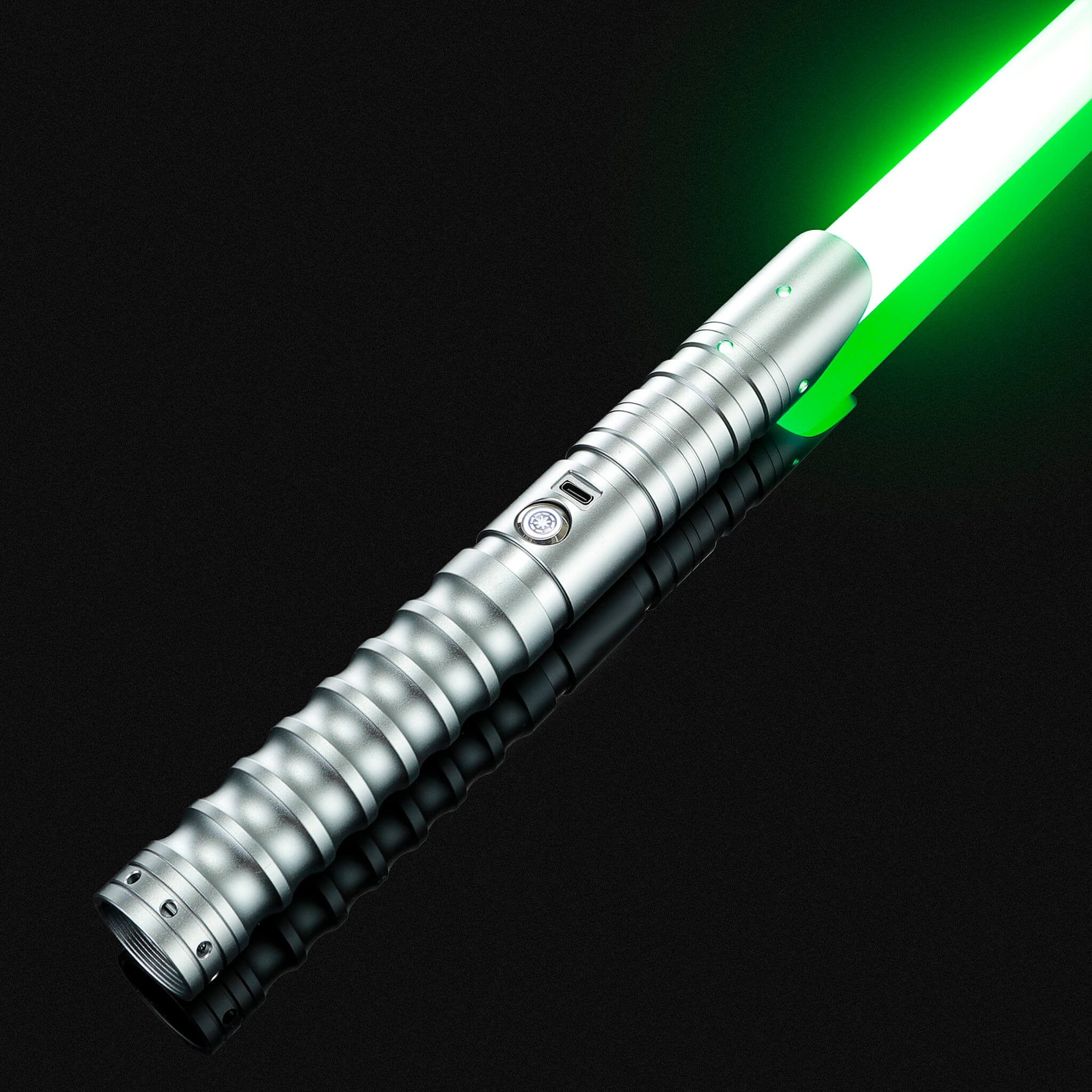 Gray metal hilt lightsaber bright green blade