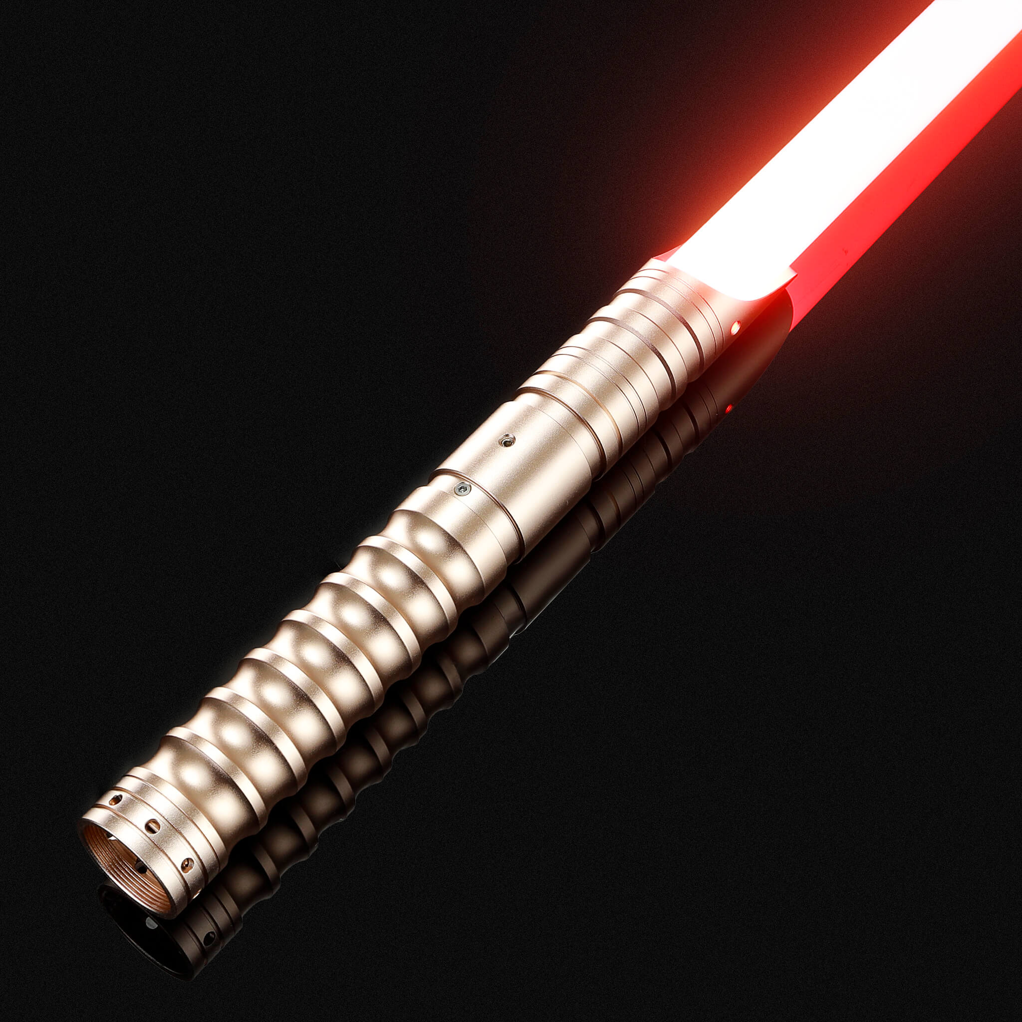 Gold metal hilt dueling lightsaber with bright red blade
