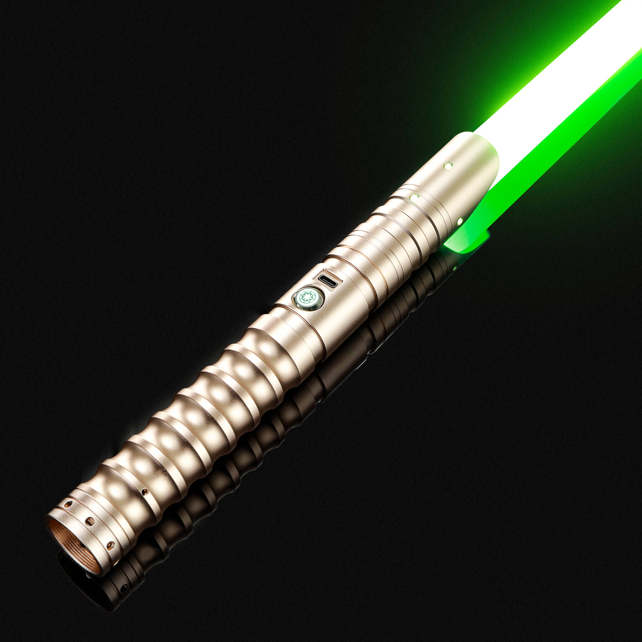 Gold metal hilt lightsaber with green glowing blade