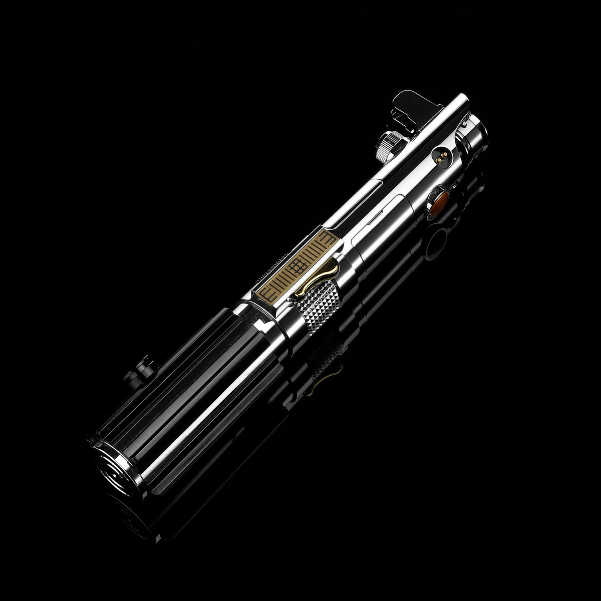 Side view of dark chrome finish Ani EP3 replica metal saber hilt