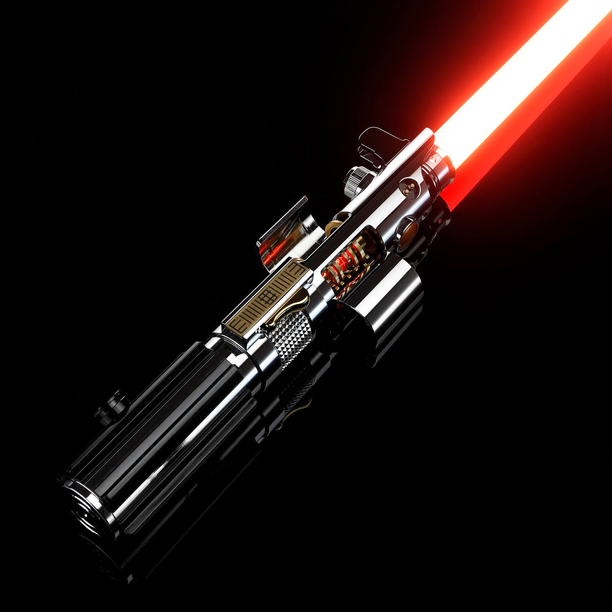 Ani EP3 metal lightsaber with bright red glowing blade and chrome hilt