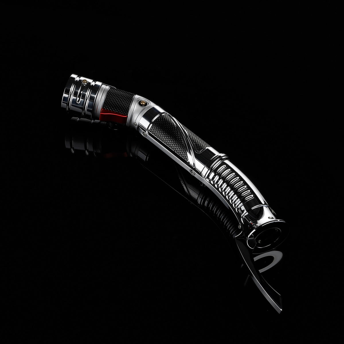 Full view of chrome finish Dooku curved hilt saber on dark background