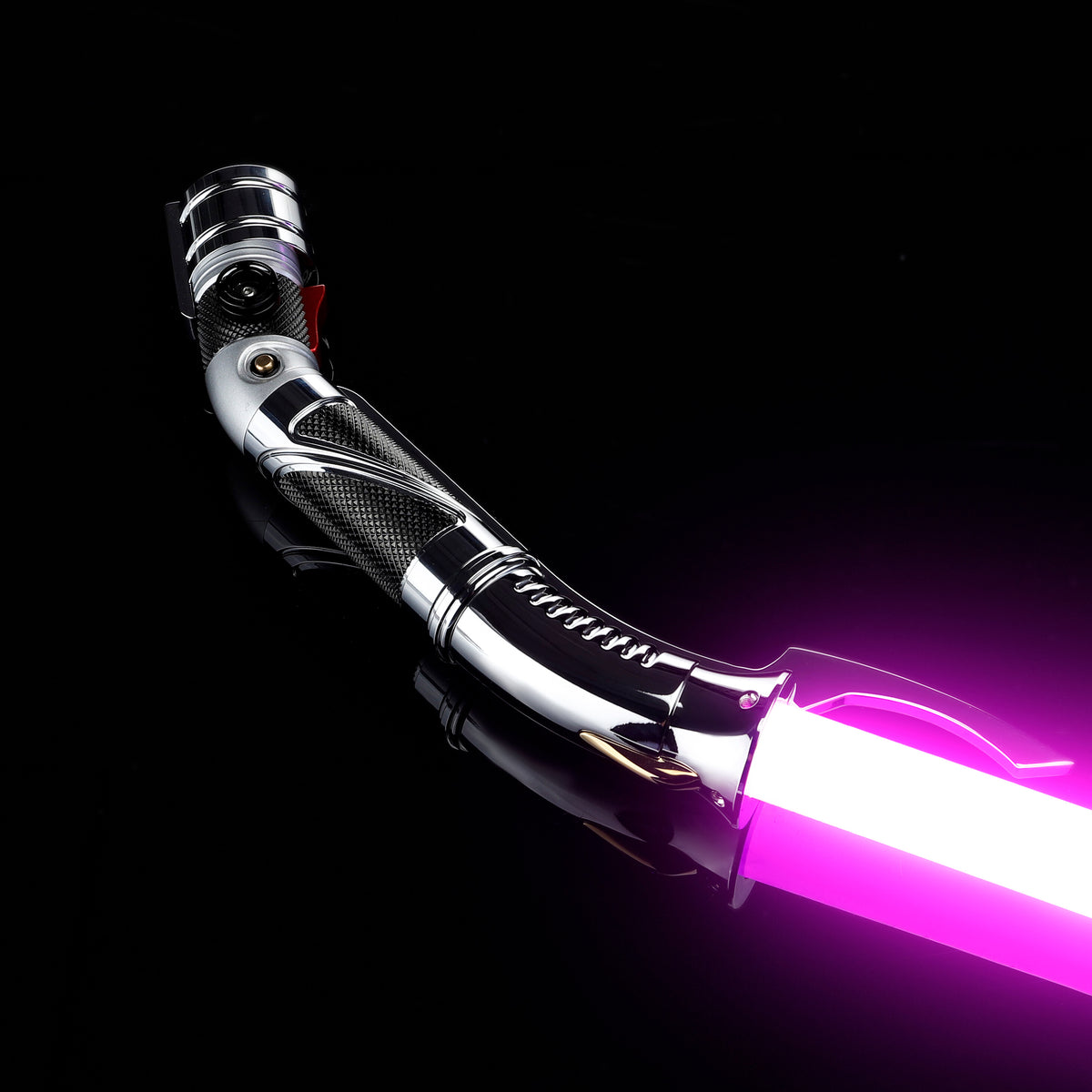 Side view of Dooku curved hilt lightsaber in bright purple color
