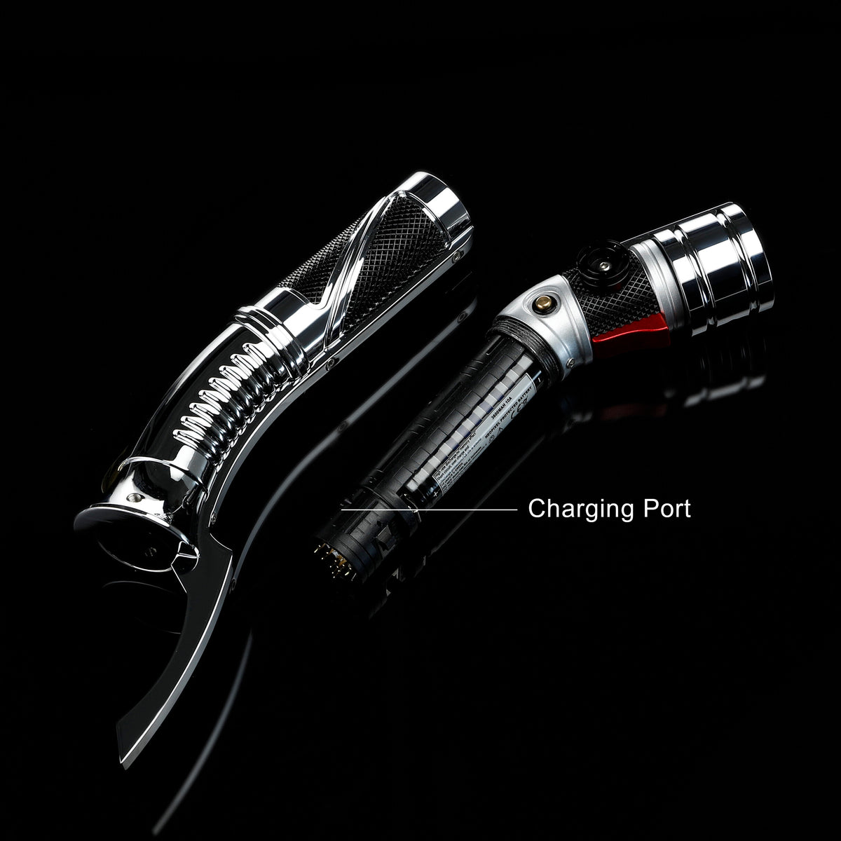 Removable battery chassis and charging port for Dooku metal saber