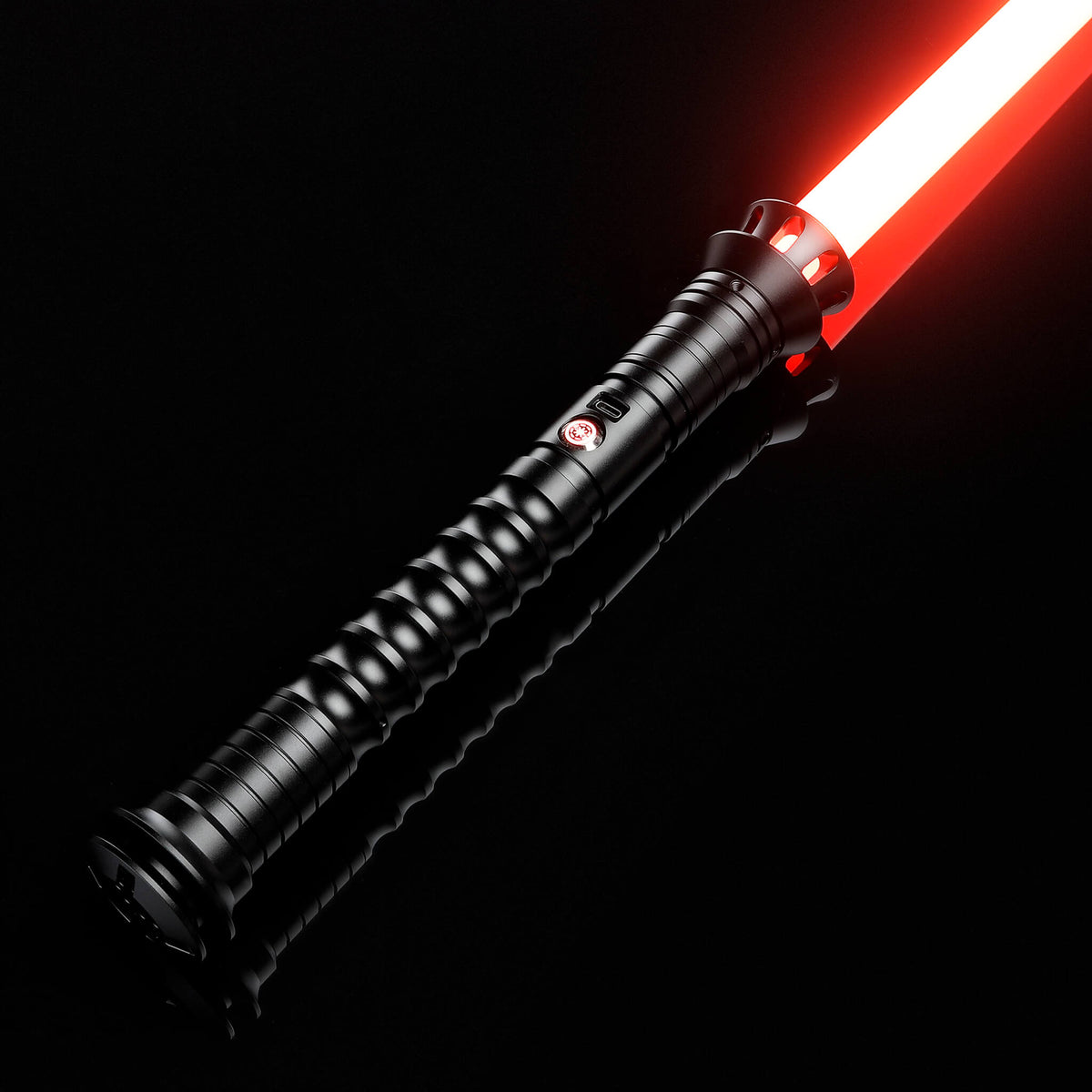 Black metal hilt lightsaber with bright red illuminated blade